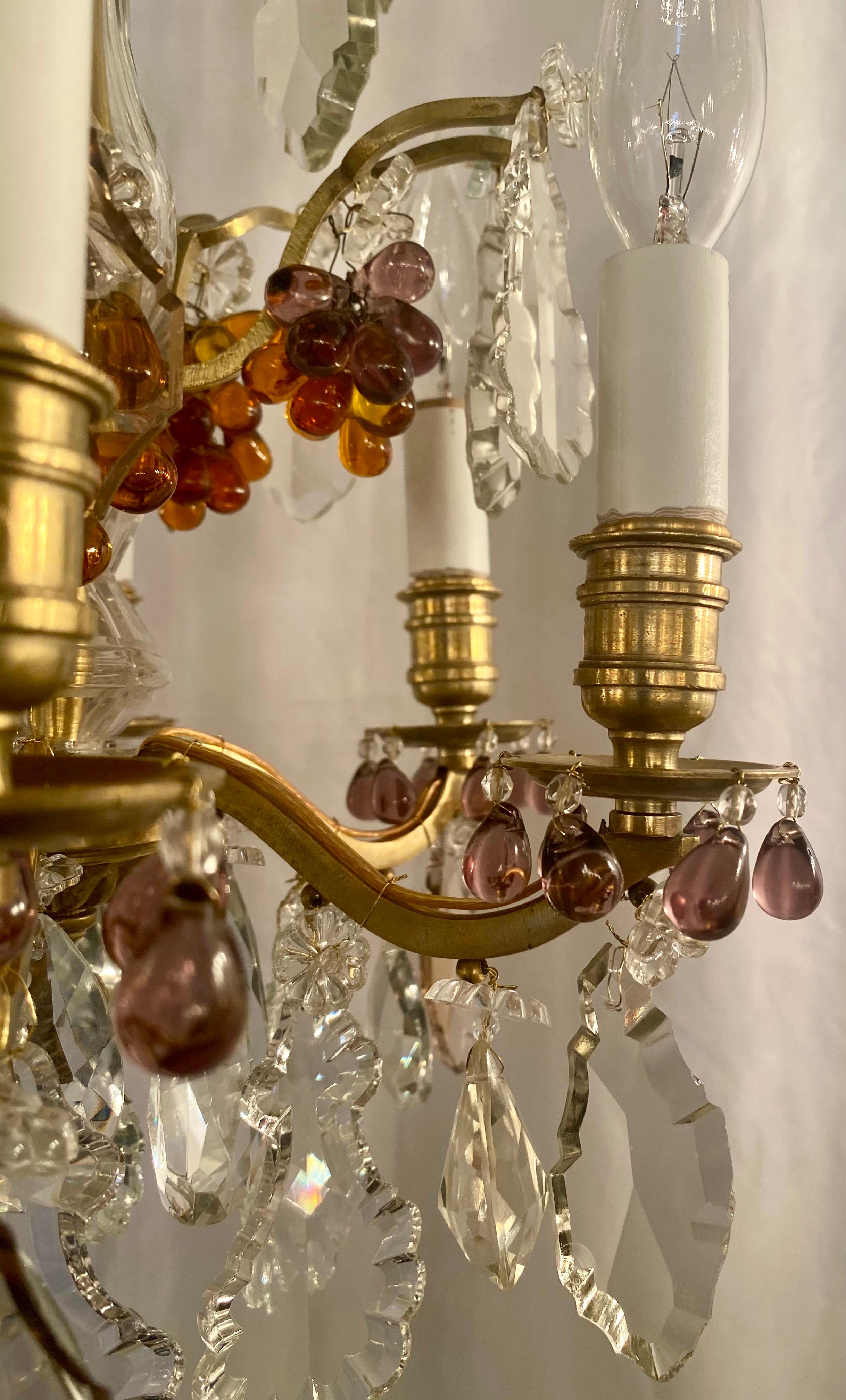 Pair of 19th Century French Gold Bronze Clear and Colored Crystal Chandeliers 5