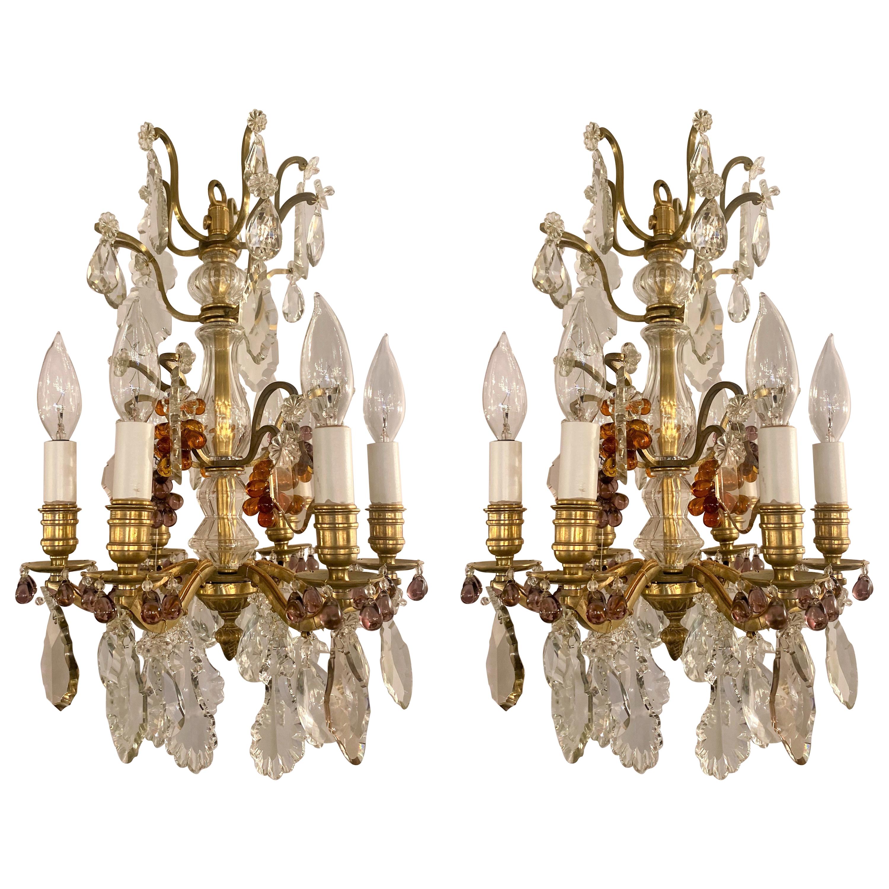 Pair of 19th Century French Gold Bronze Clear and Colored Crystal Chandeliers
