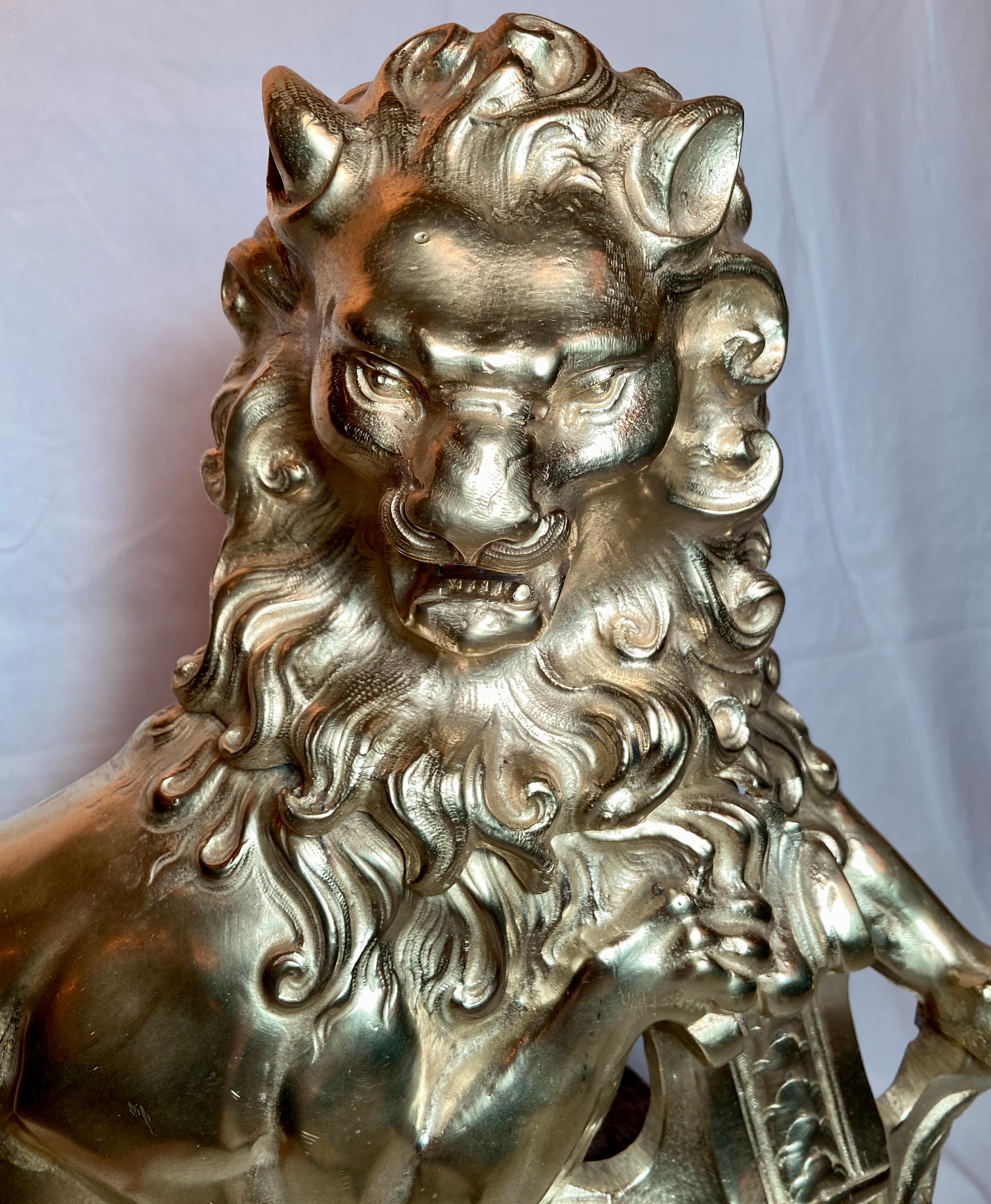 Pair Antique 19th Century French Gold Bronze Figural Lion Andirons In Good Condition For Sale In New Orleans, LA