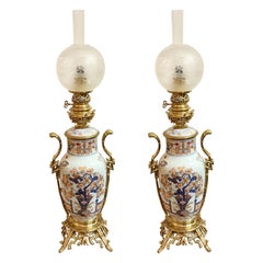 Pair Antique 19th Century French Gold Bronze Mounted Imari Porcelain Oil Lamps.