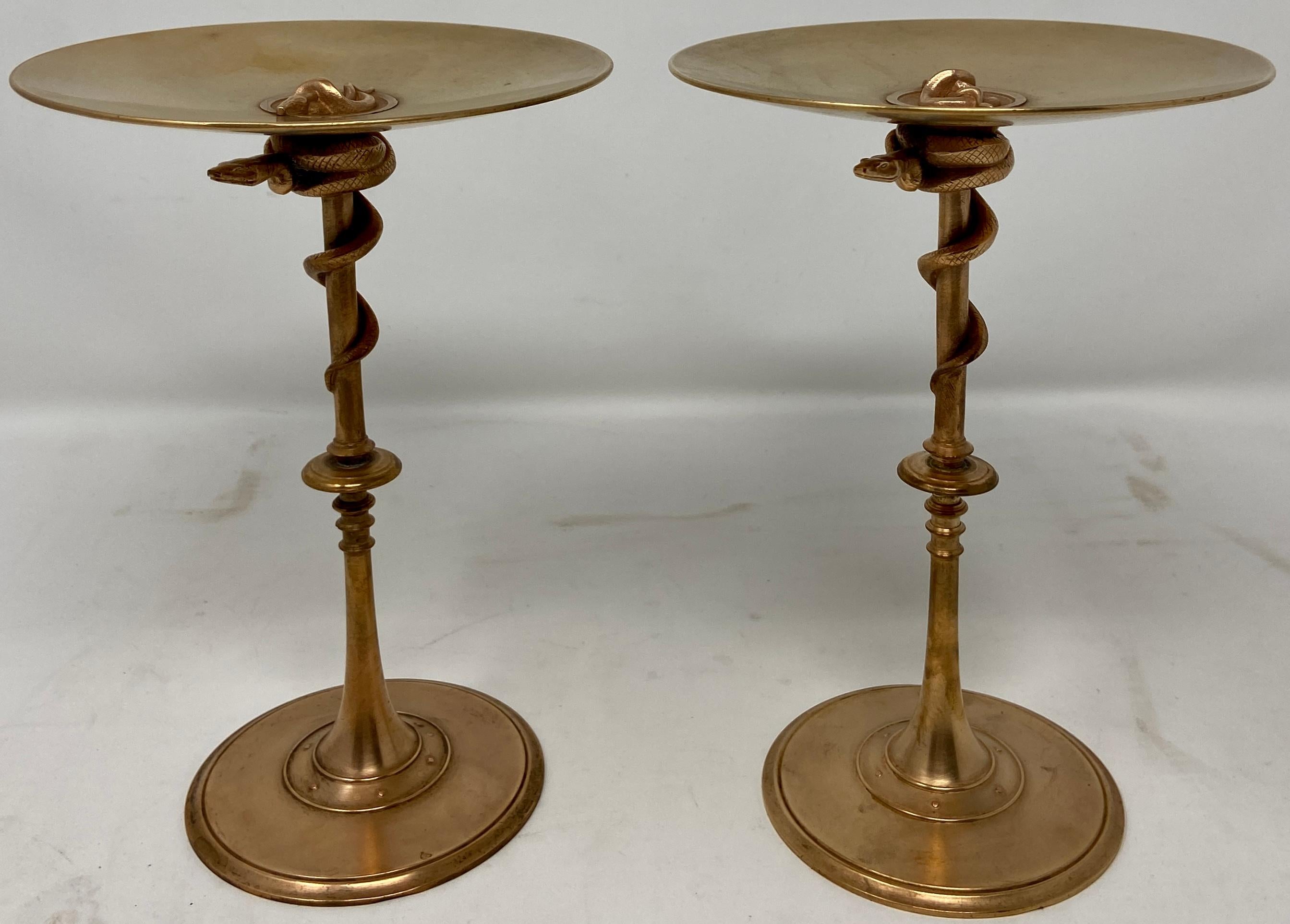 Pair Museum Quality 19th Century French Rare Gold Bronze Tazzas with Serpents Made by Renowned Ebeniste & Metal Worker, Ferdinand Barbedienne (1810-1890).