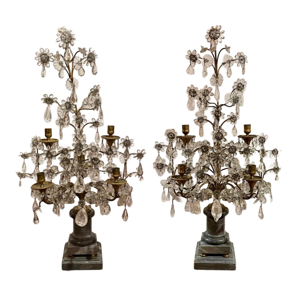 Pair Antique 19th Century French Marble and Rock Crystal Candelabra. For Sale