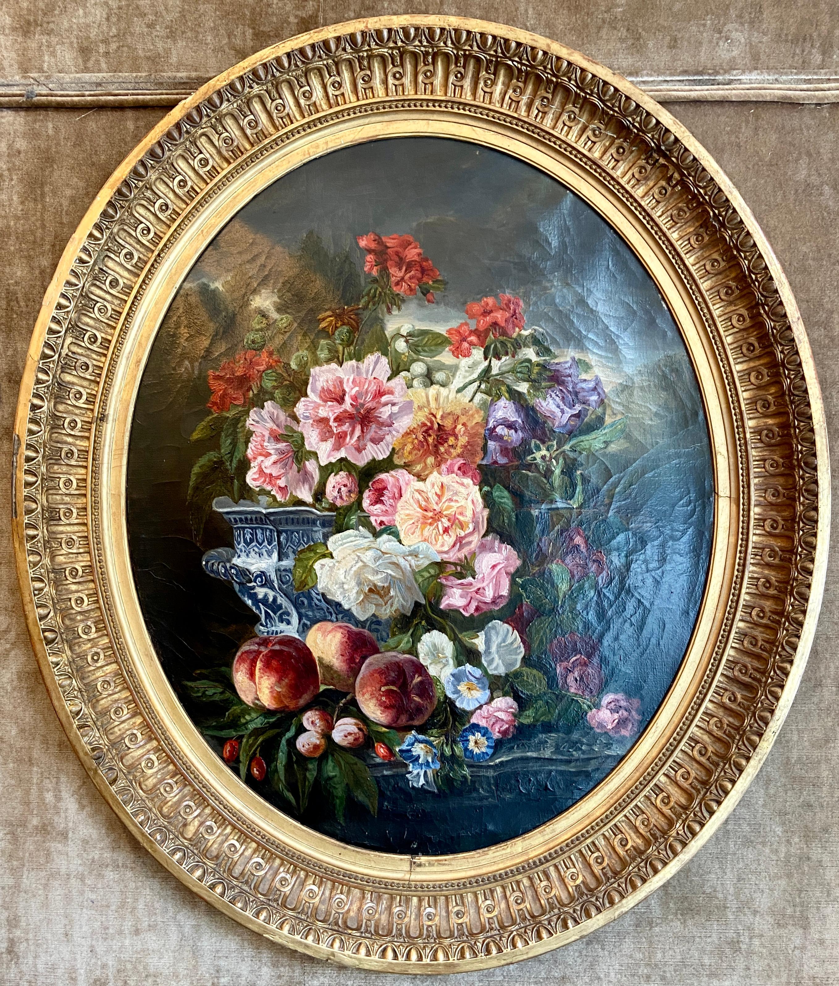 Pair Antique 19th Century French Framed Oil on Canvas Floral Paintings, Circa 1830-1860.