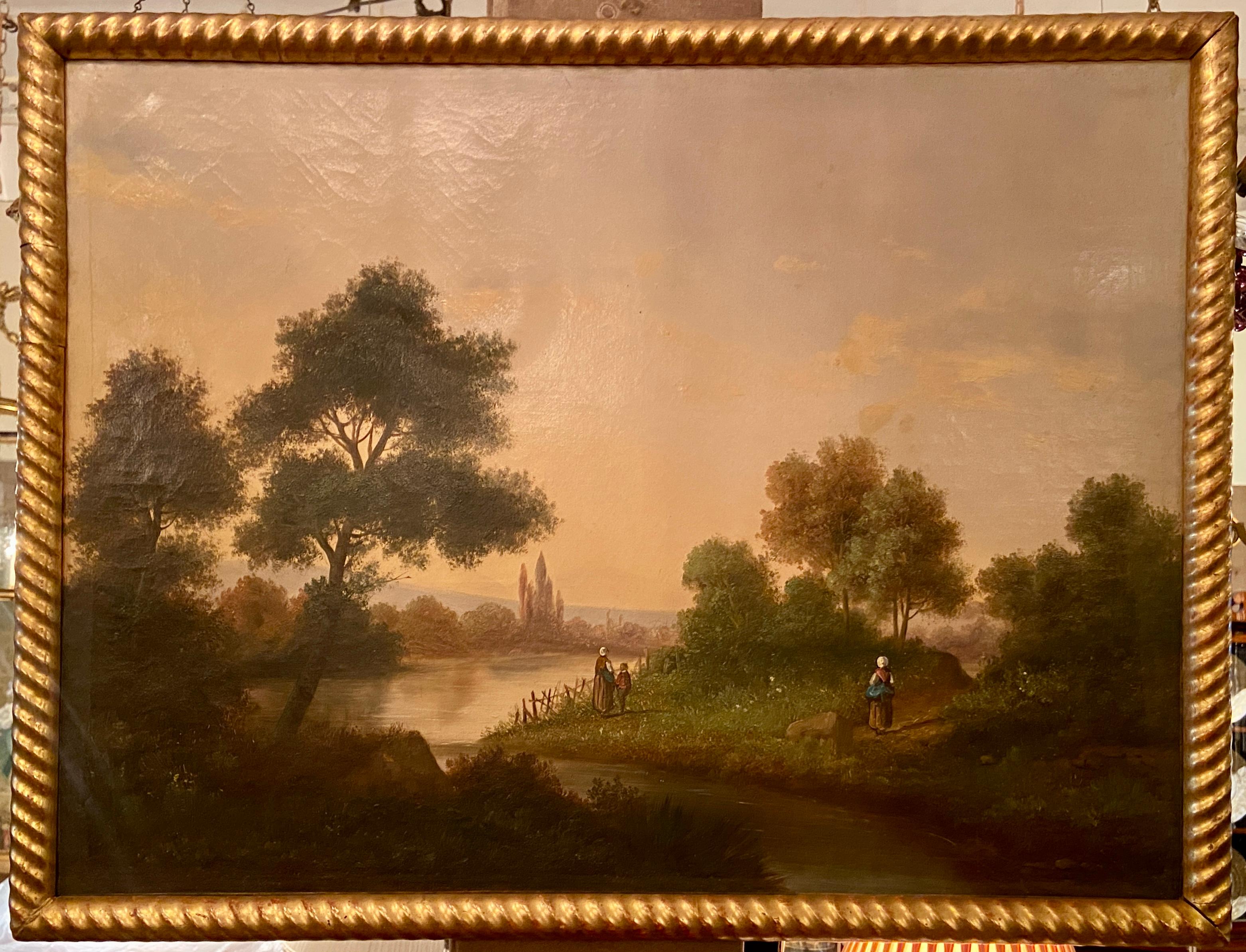 Pair antique 19th century French oil on canvas landscape paintings.