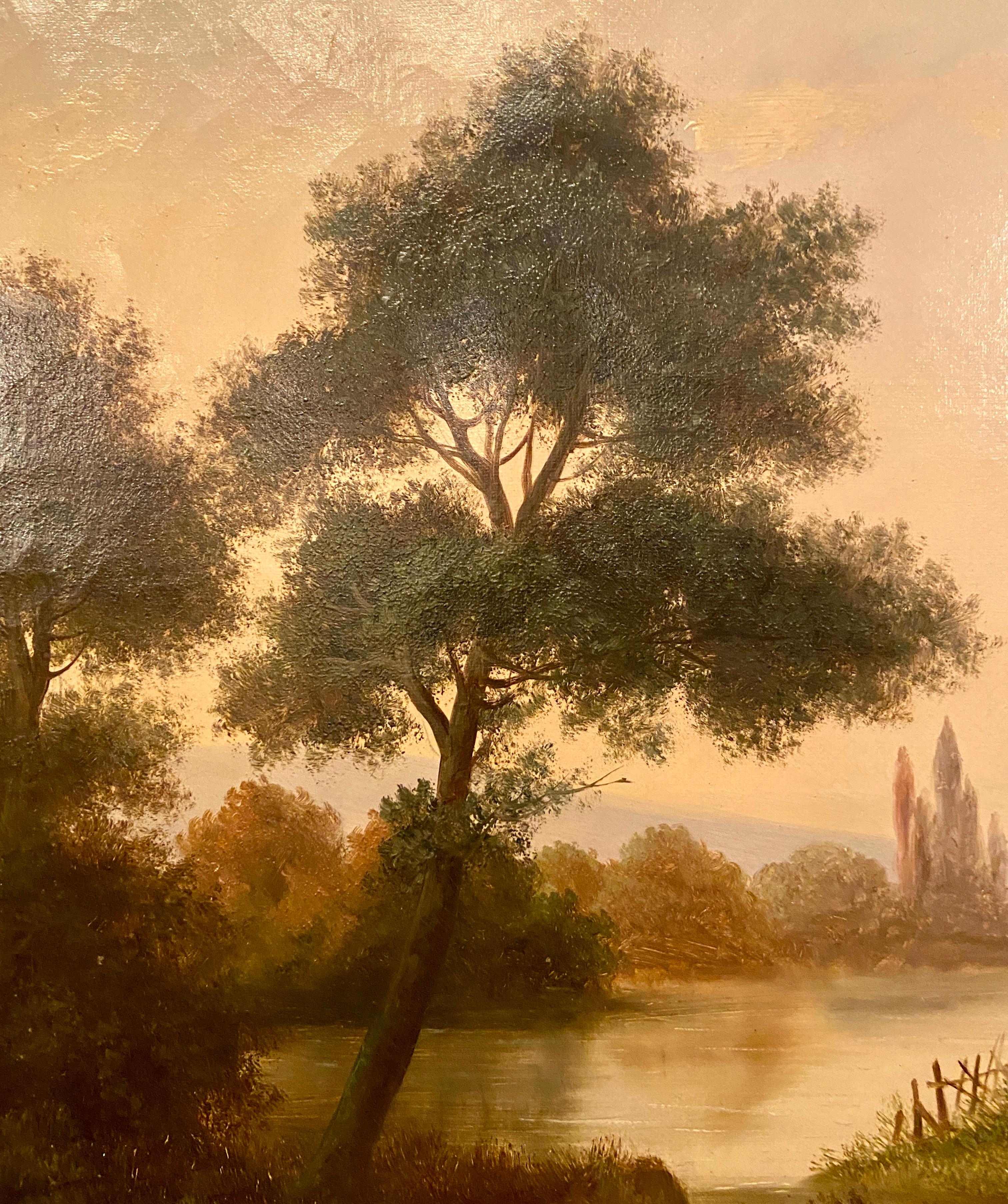 Français Paire d'anciennes peintures de paysage à l'huile sur toile du 19e siècle français en vente