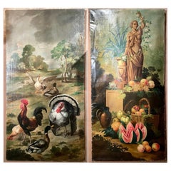 Pair Antique 19th Century French Oil on Canvas Painting Wall Panels, circa 1880