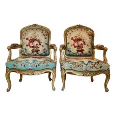 Pair Antique 19th Century French Restoration Aubusson "Fauteuils" or Armchairs