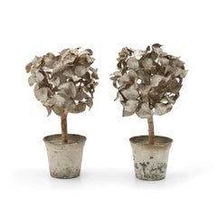 Pair Antique 19th century French Zinc Tole Topiary Trees in Flower Pots