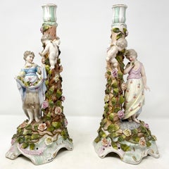 Pair Antique 19th Century German Dresden Porcelain Candelabra, Circa 1890's.
