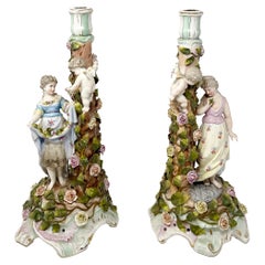 Pair Antique 19th Century German Dresden Porcelain Candelabra, Circa 1890's.