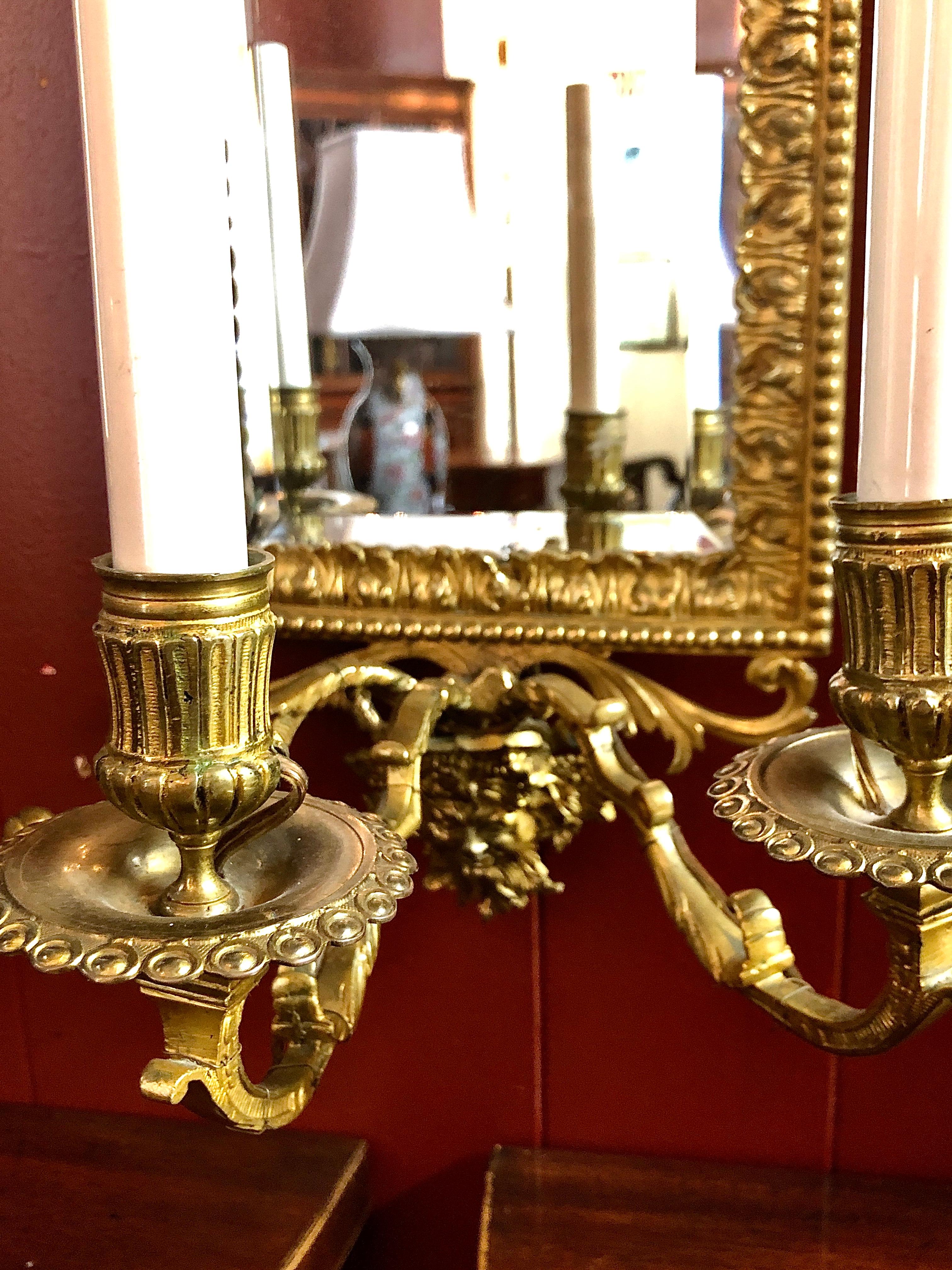 Pair Antique 19th Century Gold Bronze and Beveled Mirror Wall Lights 1
