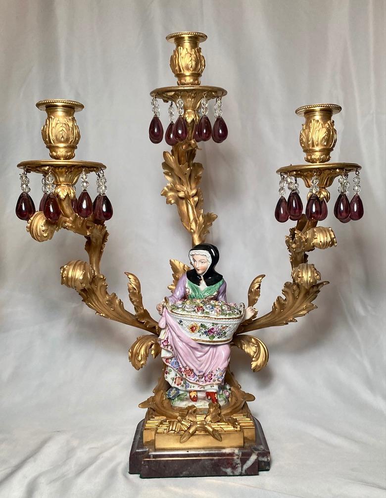 French Pair of Antique 19th Century Gold Bronze and Porcelain Candelabra For Sale