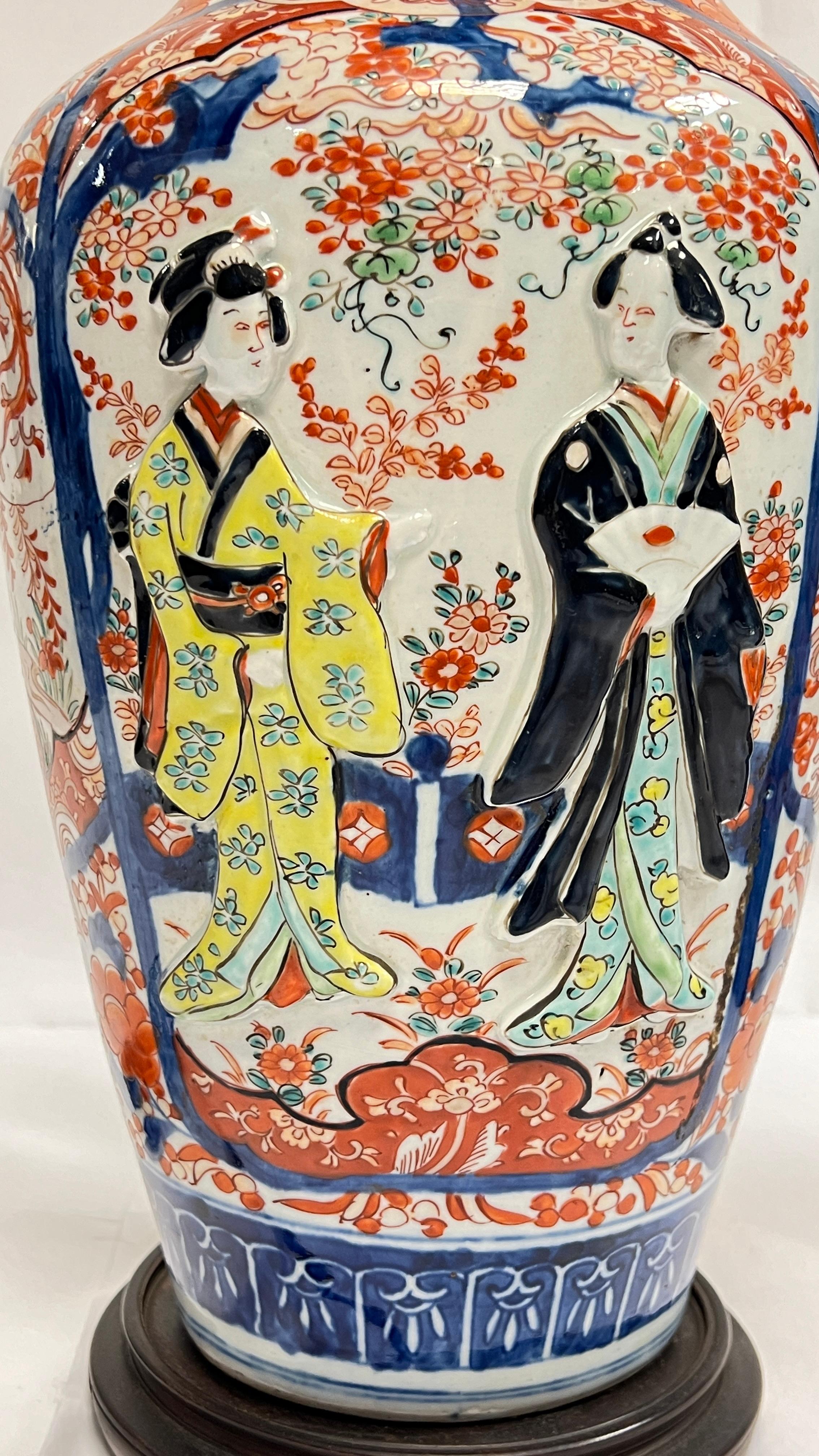 Japanese Pair Antique 19th Century Imari Porcelain Vases Mounted as Table Lamps For Sale