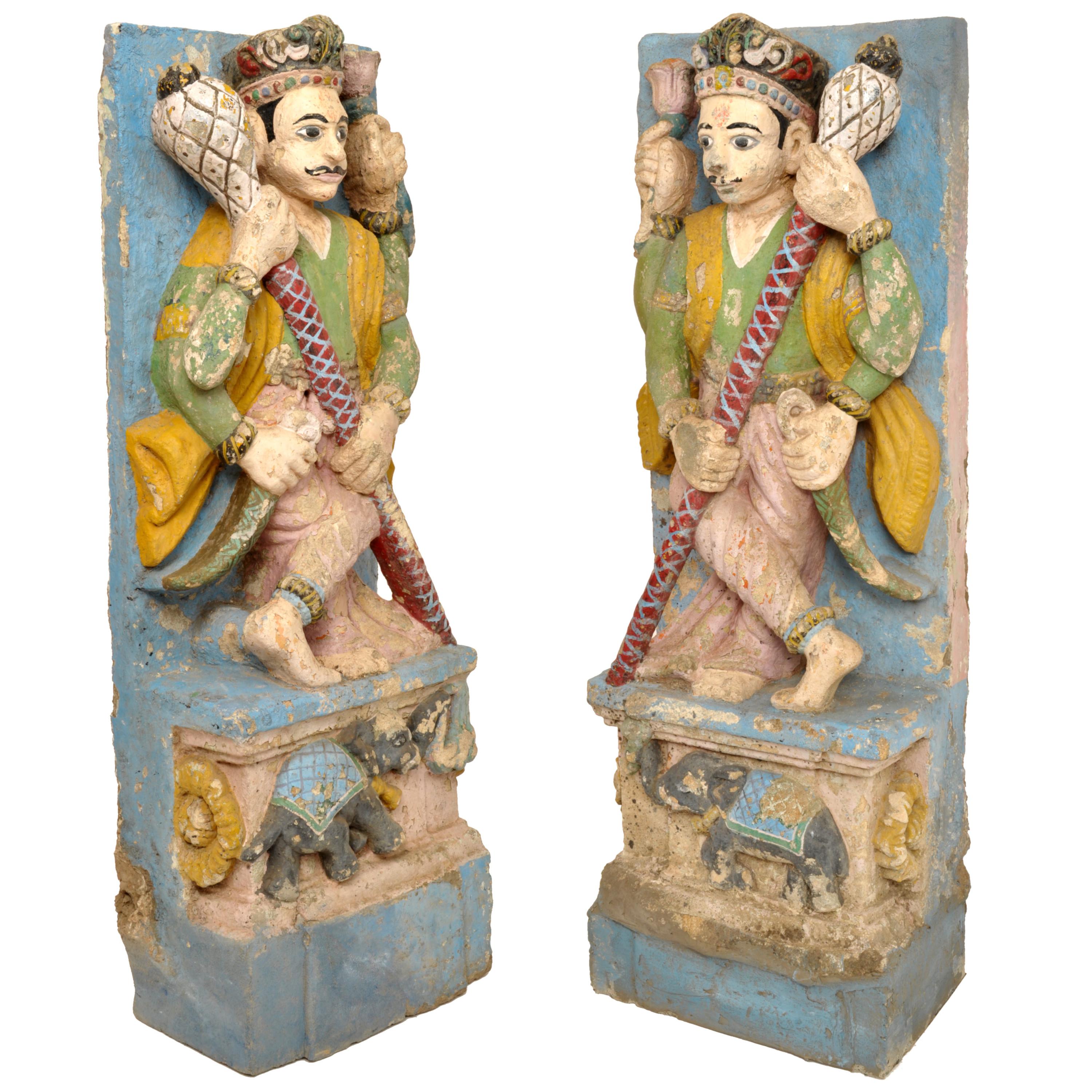 Polychromed Pair Antique 19th Century Indian Hindu Carved Stone Temple Guard Statues, 1850 For Sale