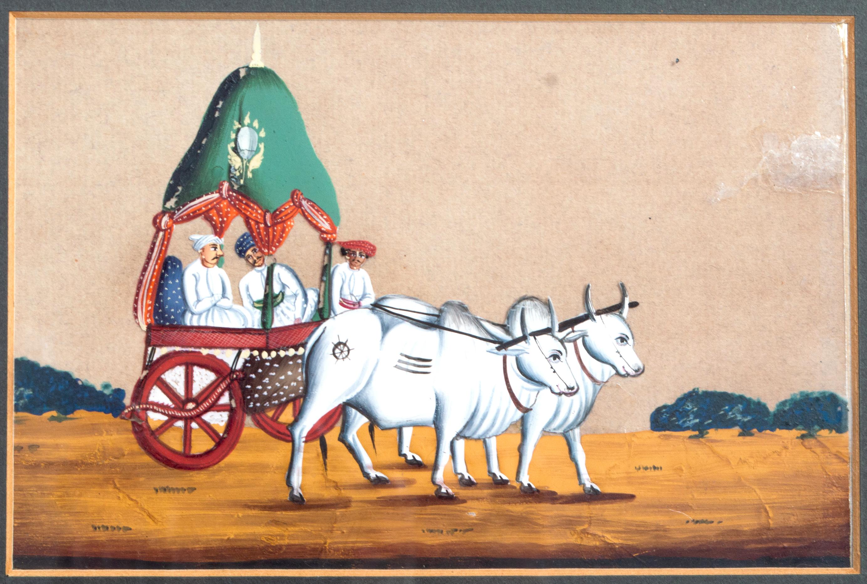 Pair Antique 19th Century Indian Miniature Mica Paintings C.1830
Indian Company School

A pair of 19th Century Indian mica gouache paintings on mica.
Depicting the water carrier and of a Purdah bullock cart with two men seated beneath a domed