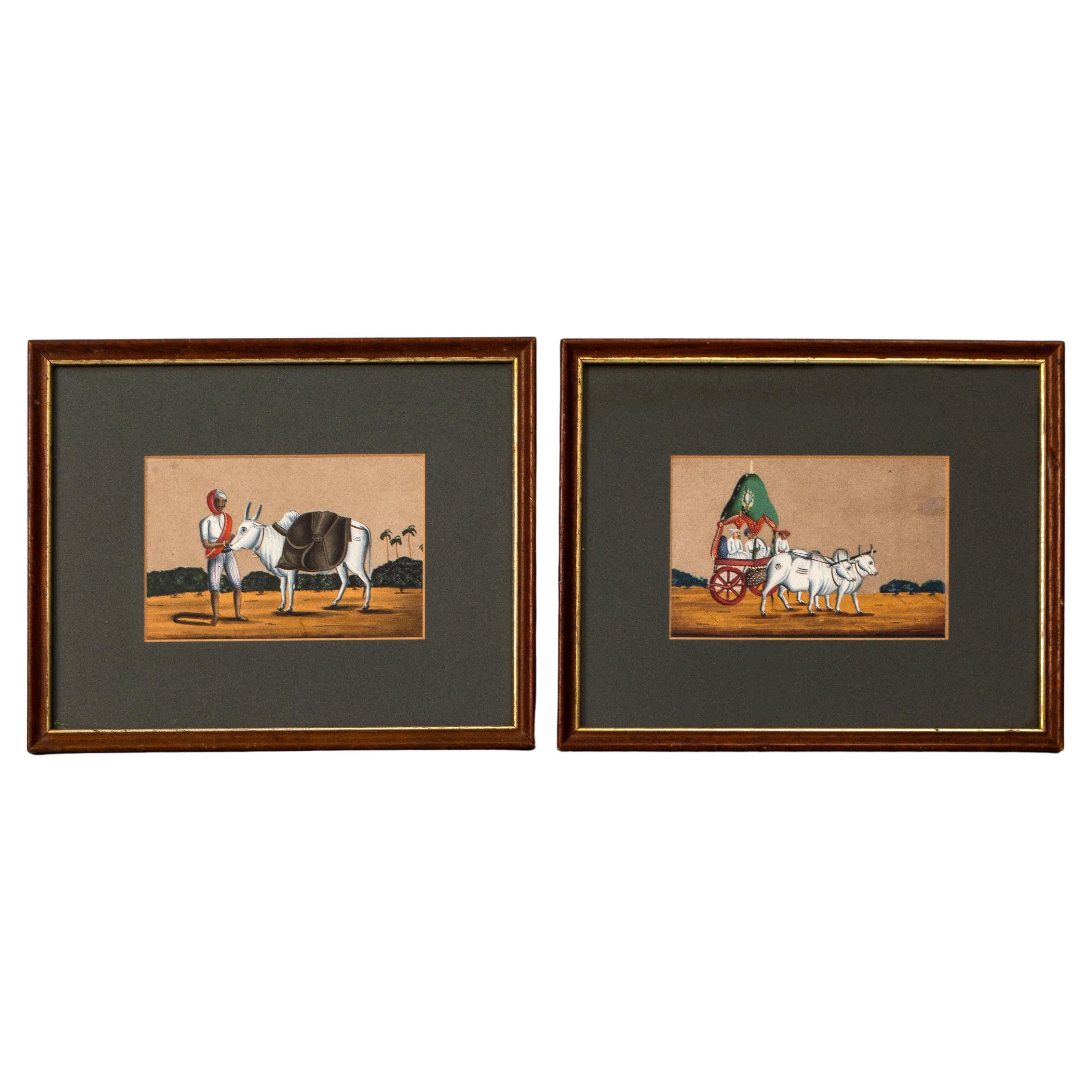 Pair Antique 19th Century Indian Miniature Mica Paintings C.1830 For Sale