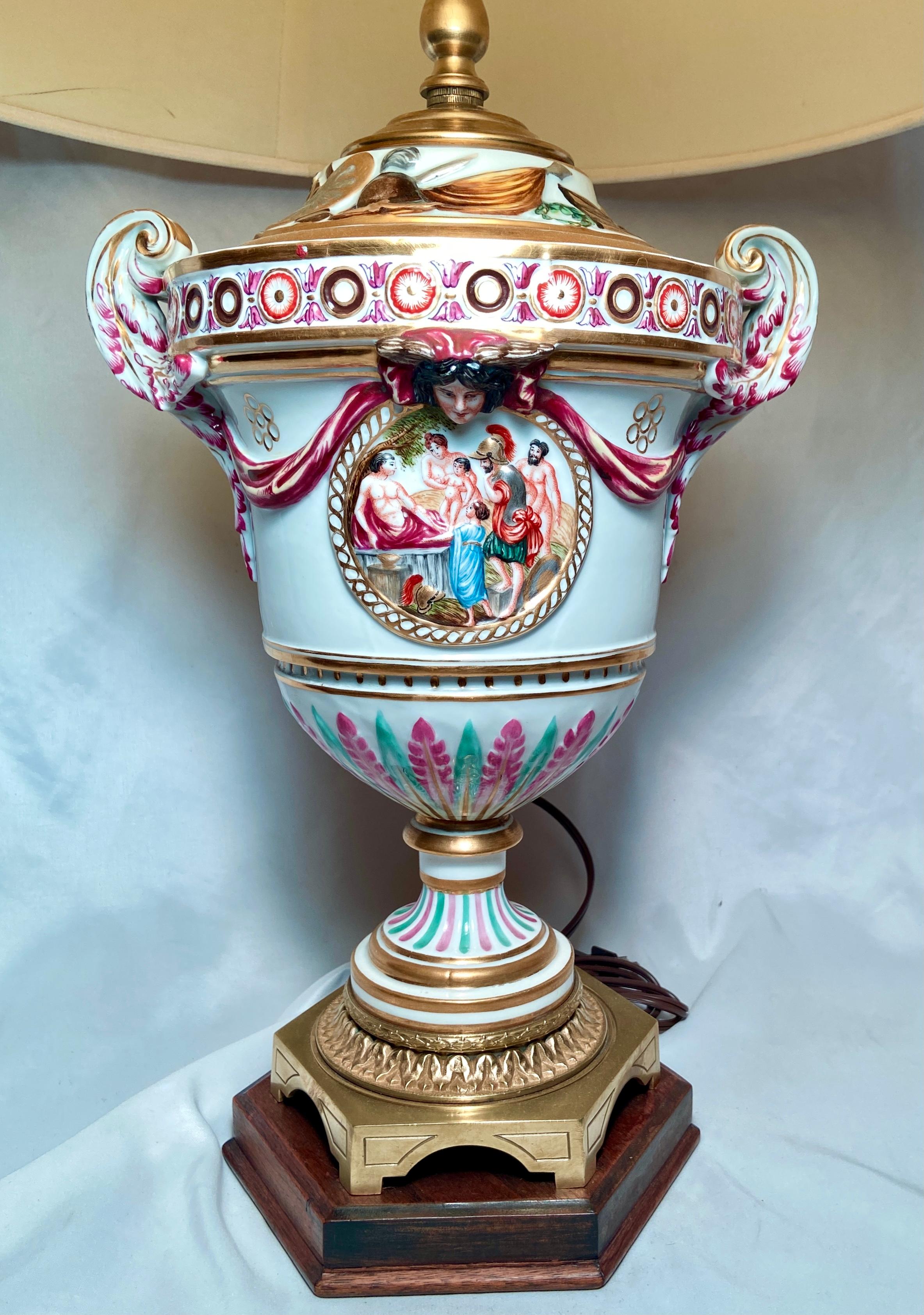 Pair antique 19th century Italian multi-colored Capodimonte porcelain lamps.