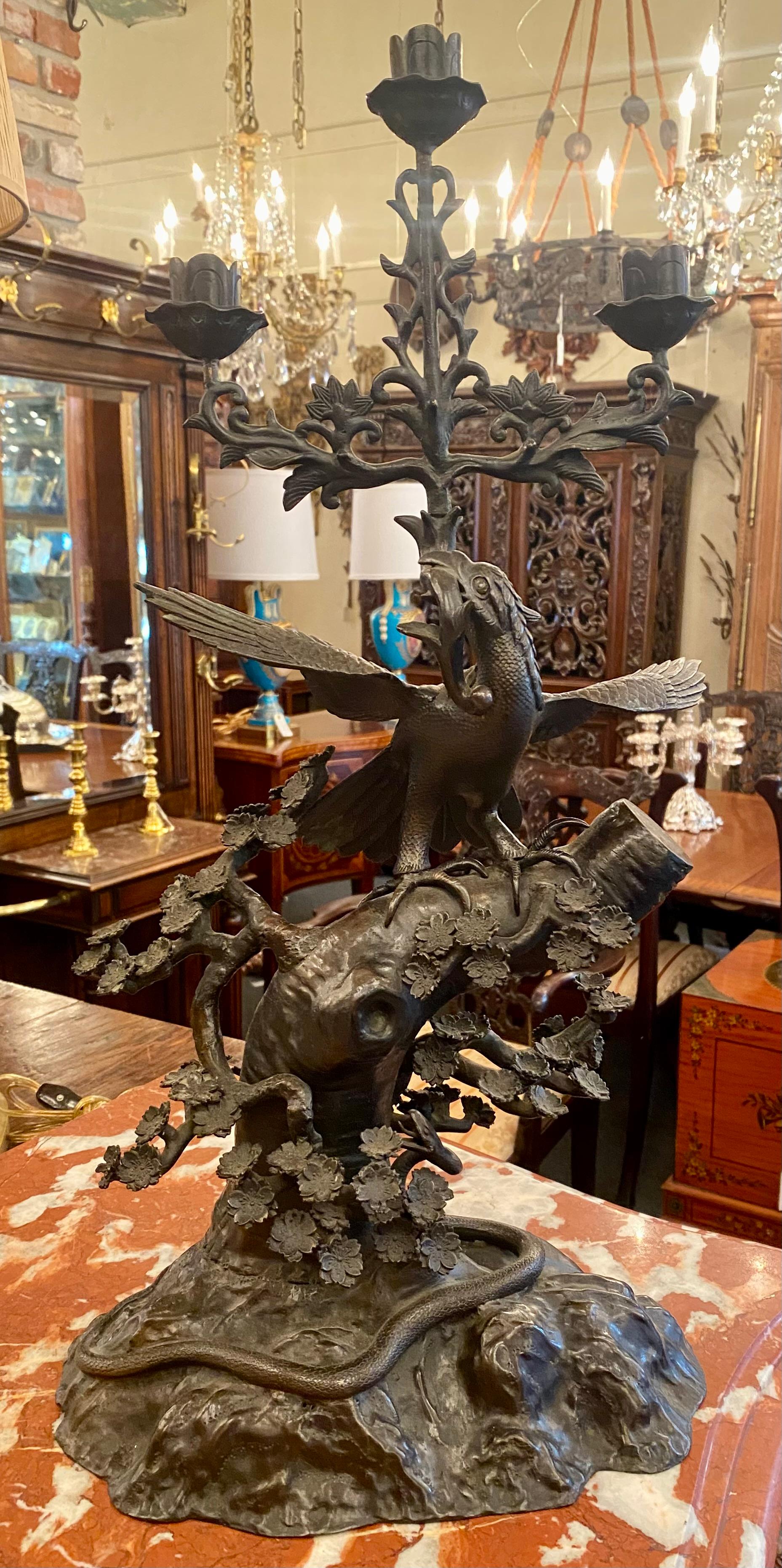 Pair Antique 19th Century Japanese Bronze Phoenix Bird Candlesticks, circa 1890 For Sale 3