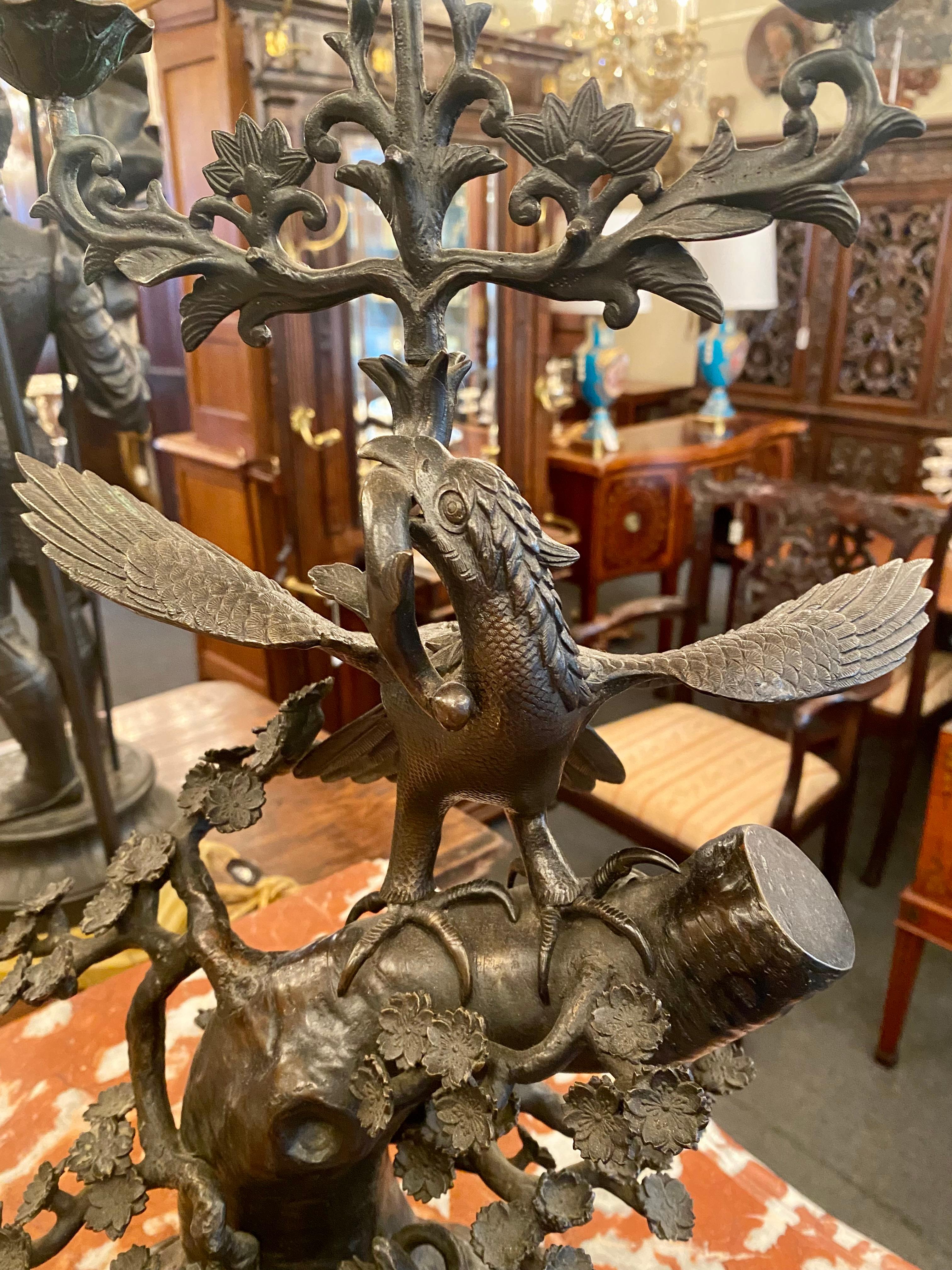 Pair Antique 19th Century Japanese Bronze Phoenix Bird Candlesticks, circa 1890 For Sale 4