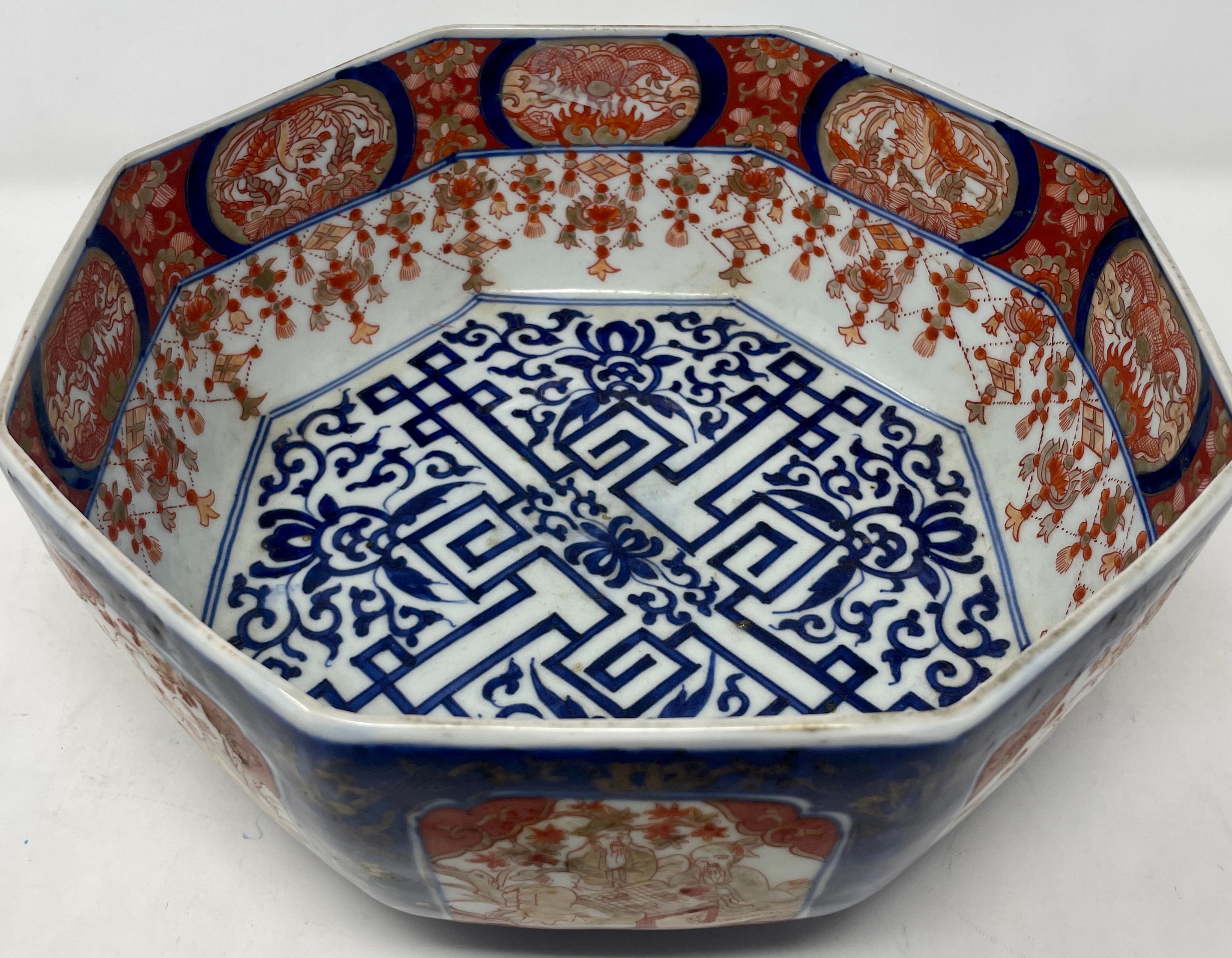 Pair antique 19th century Japanese Imari porcelain octagonal bowls, Circa 1890.
