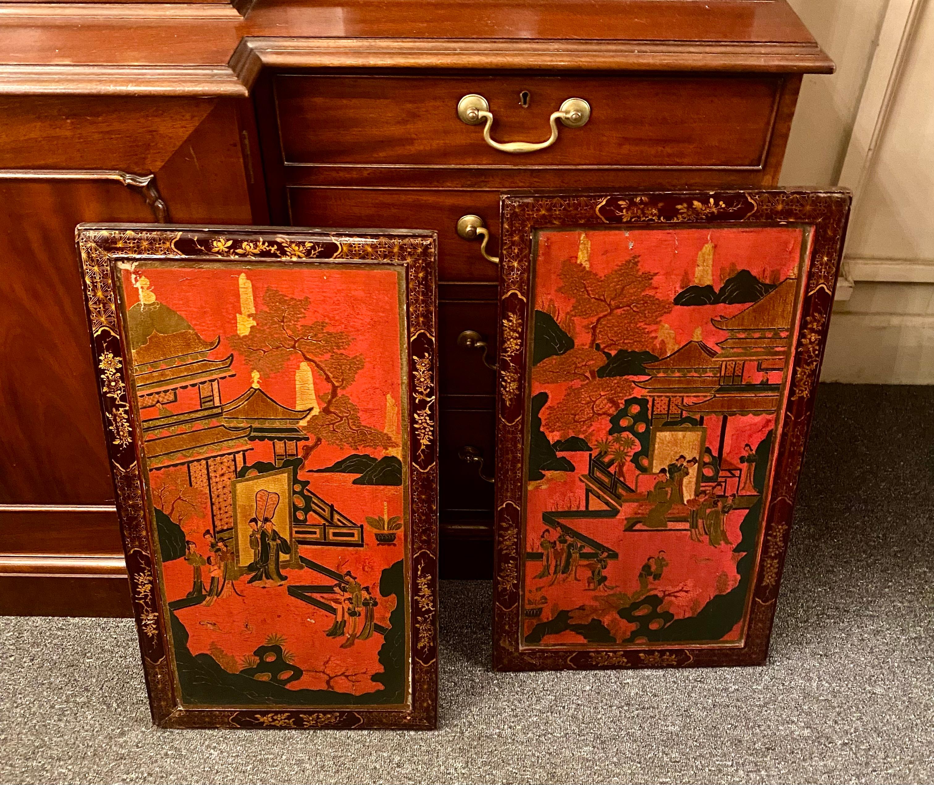 Pair Antique 19th Century Japanese Red Lacquered Wood Panels. 6