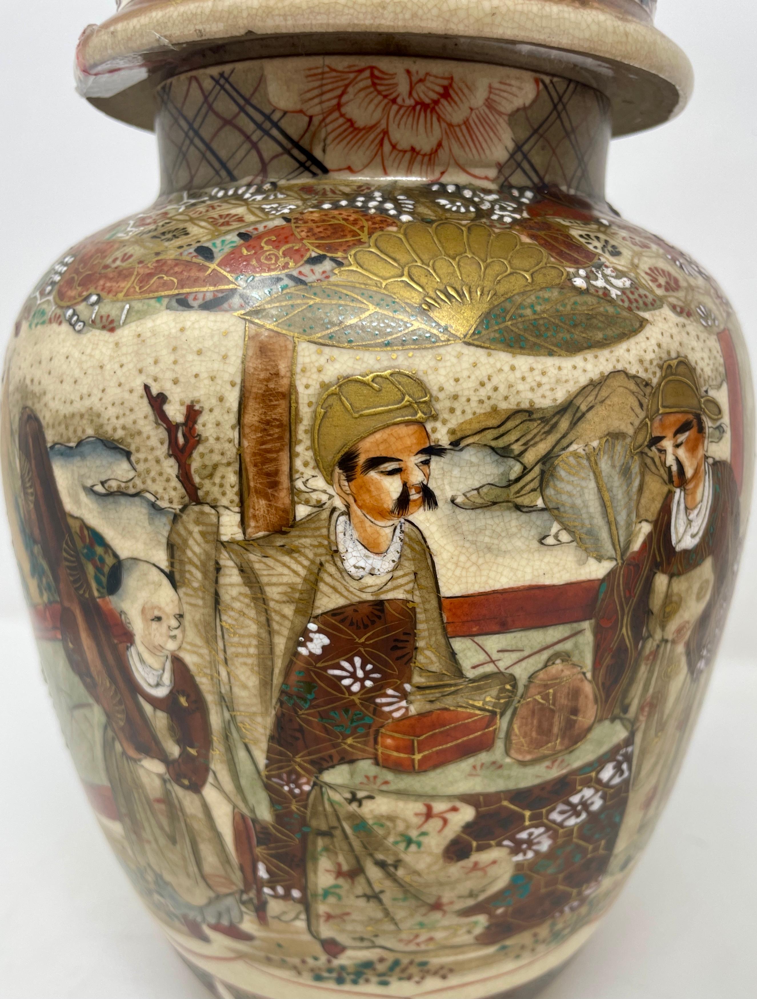 Pair Antique 19th Century Japanese Satsuma Porcelain Urns, Circa 1880 For Sale 5