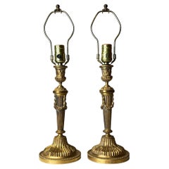 Pair Antique 19th Century Louis XVI Style Gilt Bronze Candlesticks / Lamps