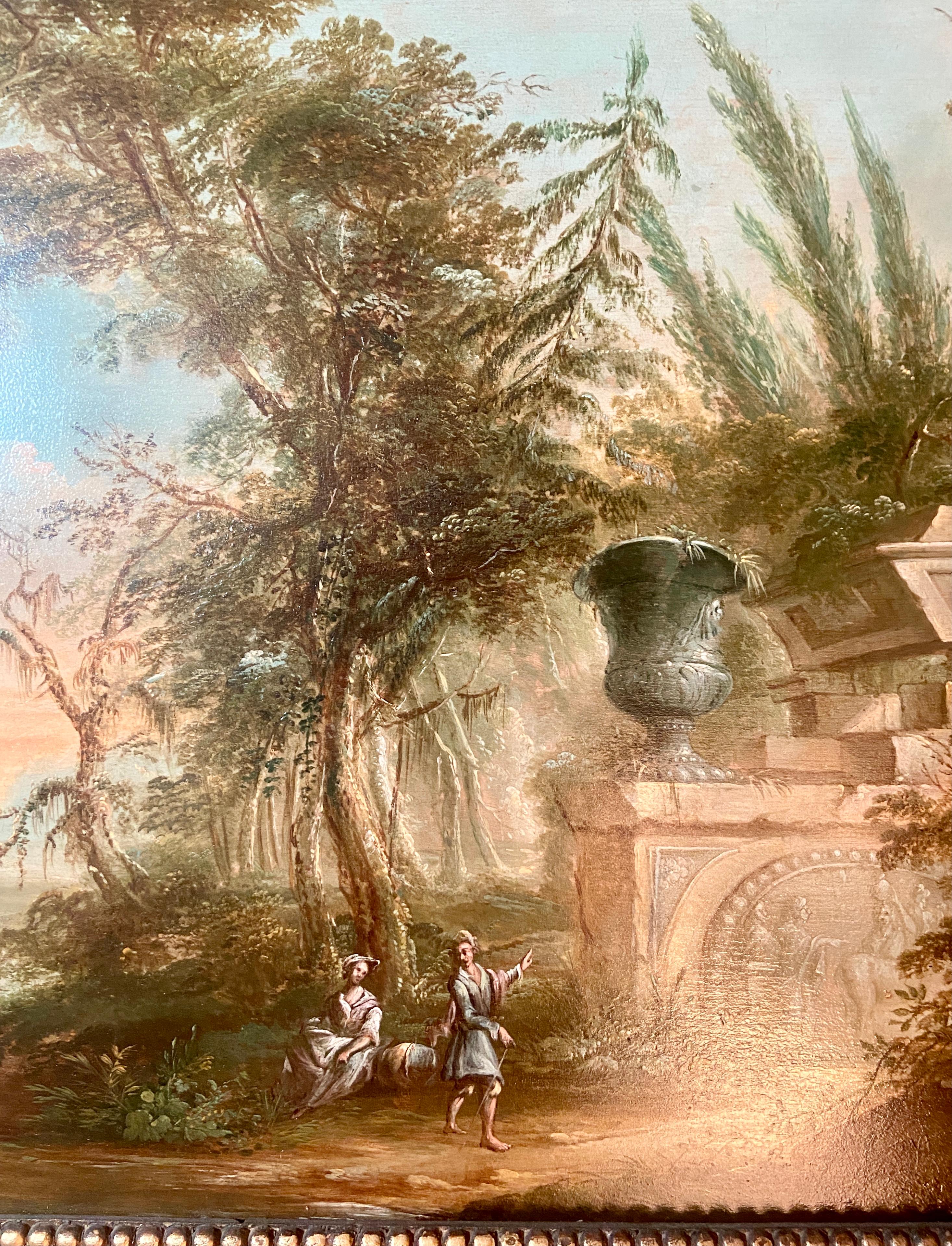 Pair Antique 19th Century Oil on Wood Panel Classical Ruins Landscape Paintings In Good Condition In New Orleans, LA