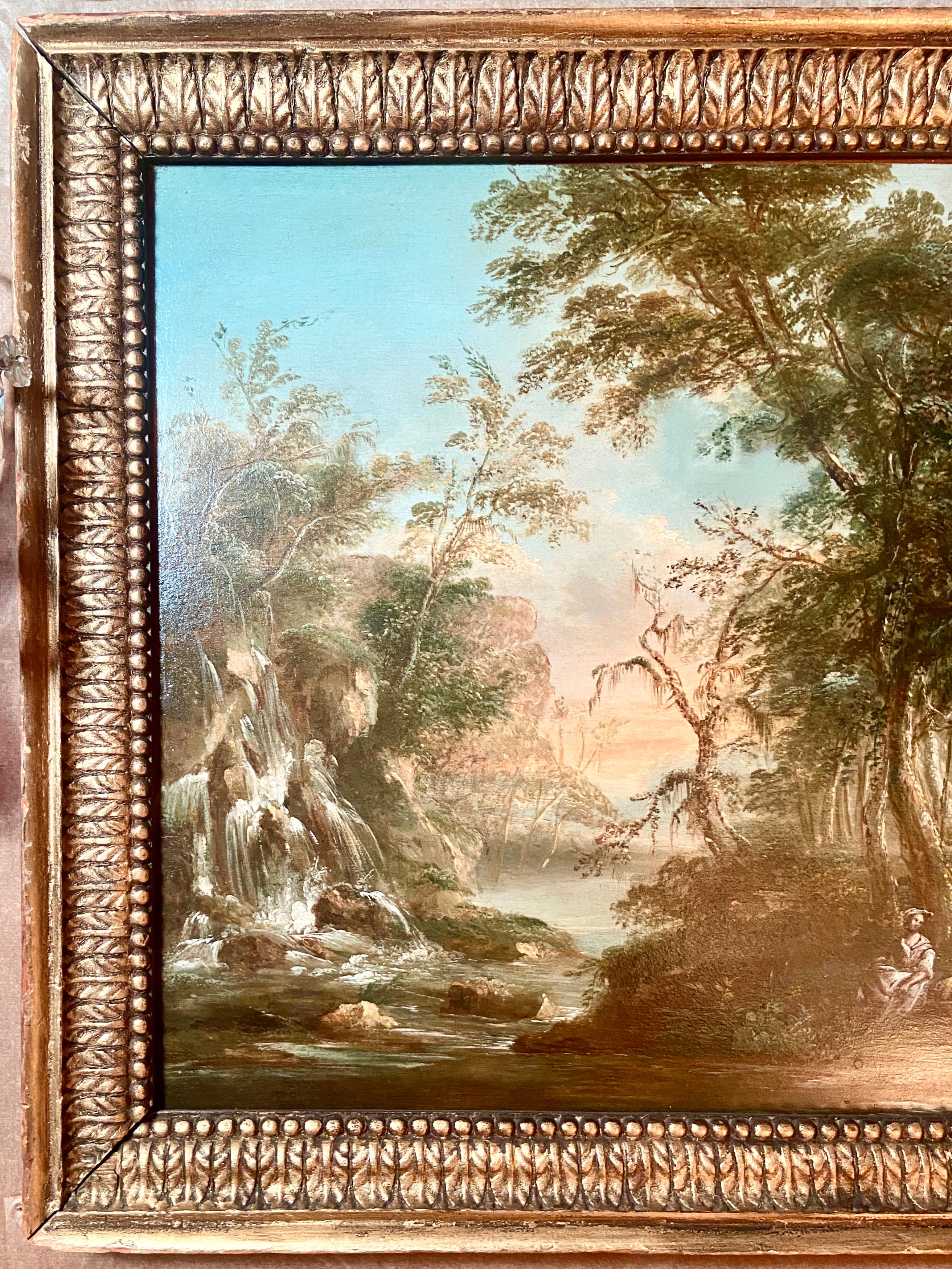 Pair Antique 19th Century Oil on Wood Panel Classical Ruins Landscape Paintings 1