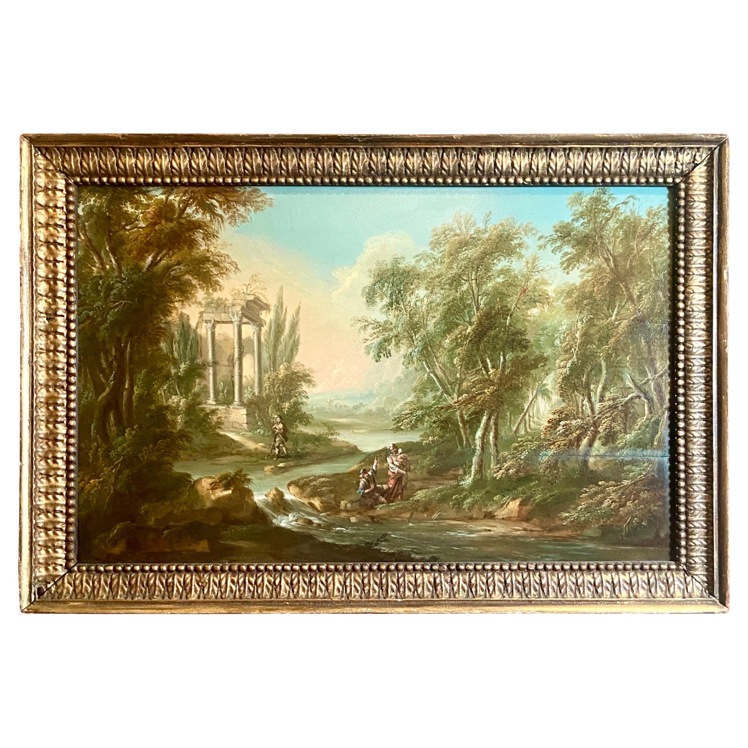 Pair Antique 19th Century Oil on Wood Panel Classical Ruins Landscape Paintings