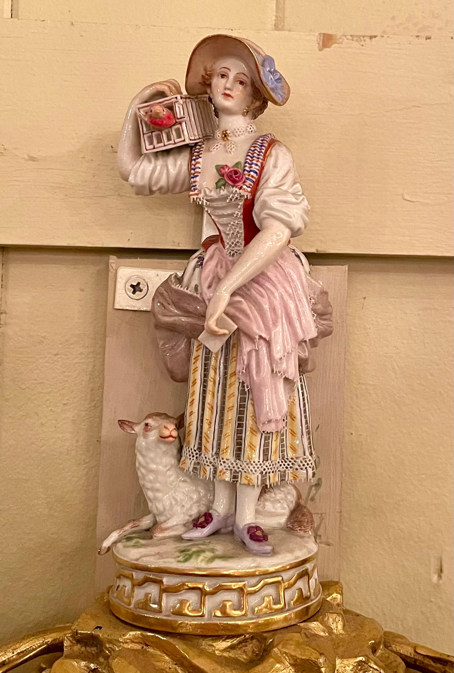 Pair Antique 19th Century Ormolu Sconces with Rare Meissen Porcelain Figurines For Sale 1