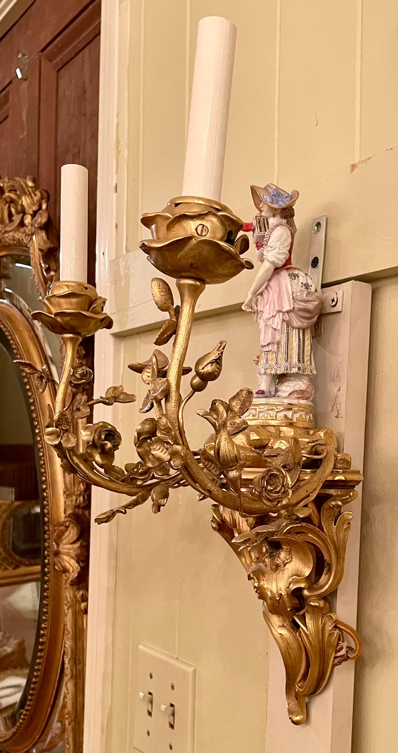 Pair Antique 19th Century Ormolu Sconces with Rare Meissen Porcelain Figurines For Sale 2