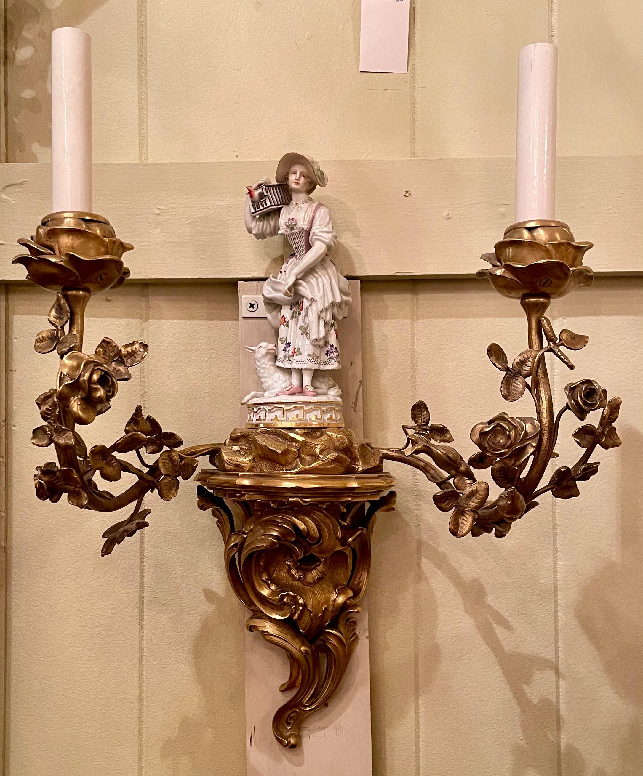 Pair Antique 19th Century Ormolu Sconces with Rare Meissen Porcelain Figurines For Sale 3