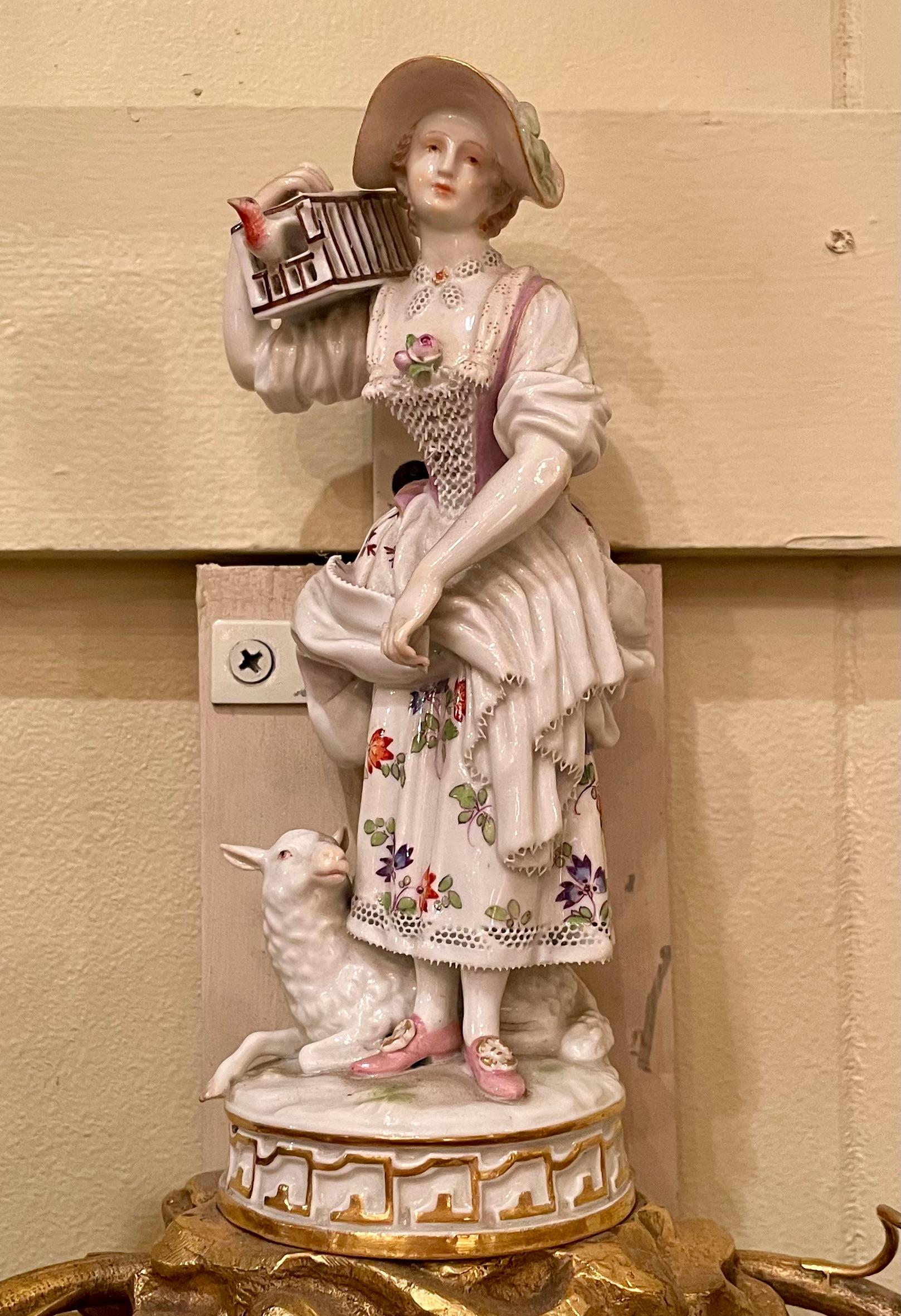 Pair Antique 19th Century Ormolu Sconces with Rare Meissen Porcelain Figurines For Sale 4