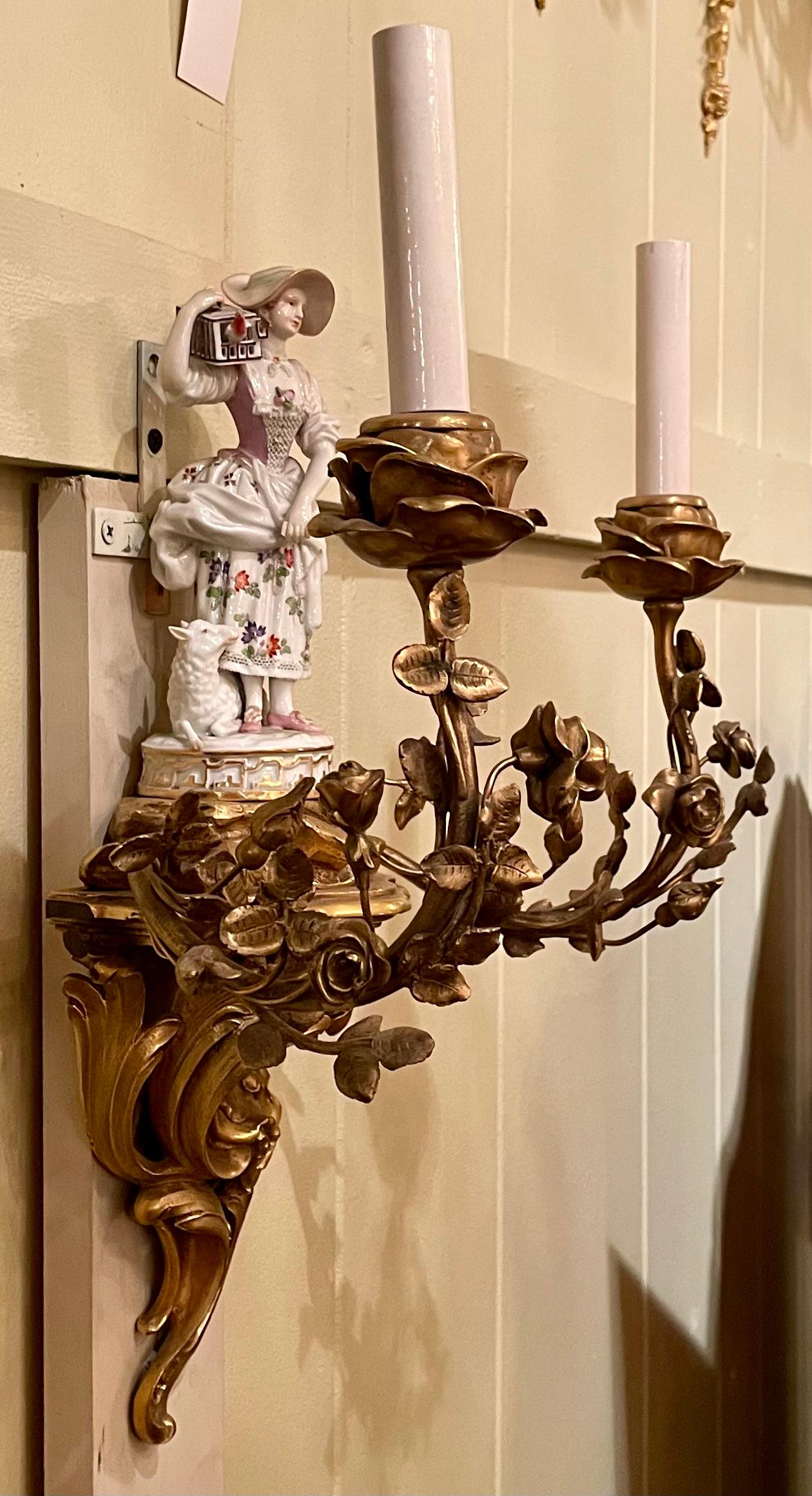 Pair Antique 19th Century Ormolu Sconces with Rare Meissen Porcelain Figurines For Sale 5