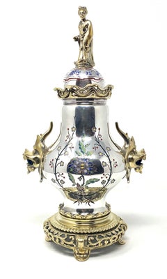 Pair of Antique 19th Century Silvered and Enameled Bronze Chinoiserie Urns