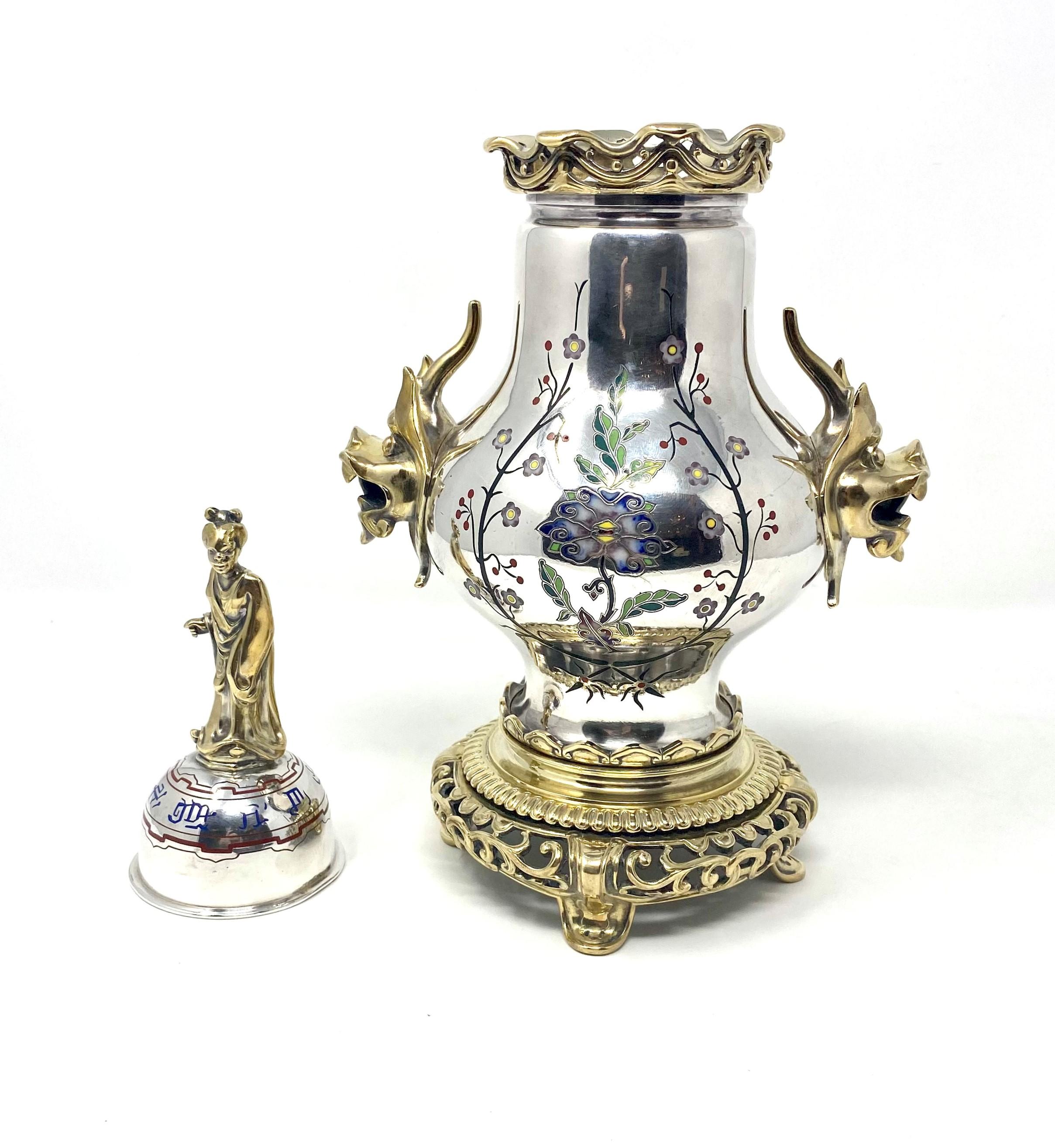 Unknown Pair of Antique 19th Century Silvered and Enameled Bronze Chinoiserie Urns For Sale