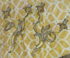 Pair Antique 19thc French Louis XV Rococo Gilt Bronze Marked Wall Sconces