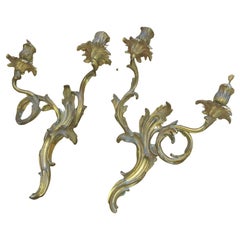 Pair Antique 19thc French Louis XV Rococo Gilt Bronze Marked Wall Sconces