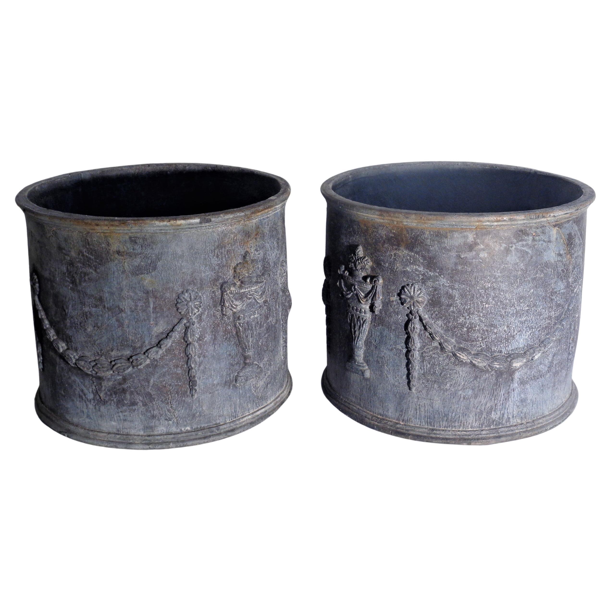 Pair Antique Adams Style Lead Garden Planters w/ Swags and Urns In Good Condition In Rochester, NY