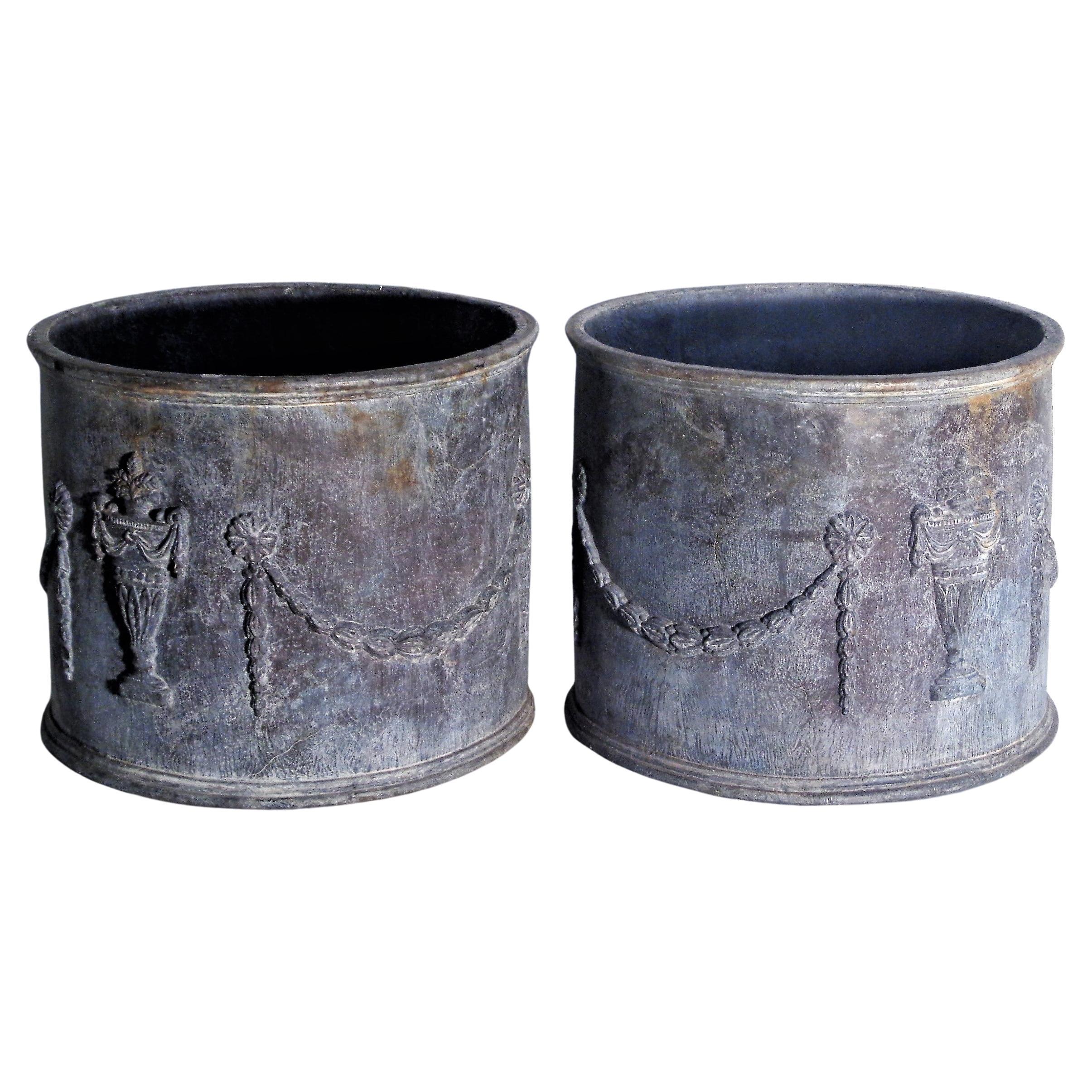 Pair Antique Adams Style Lead Garden Planters w/ Swags and Urns 1