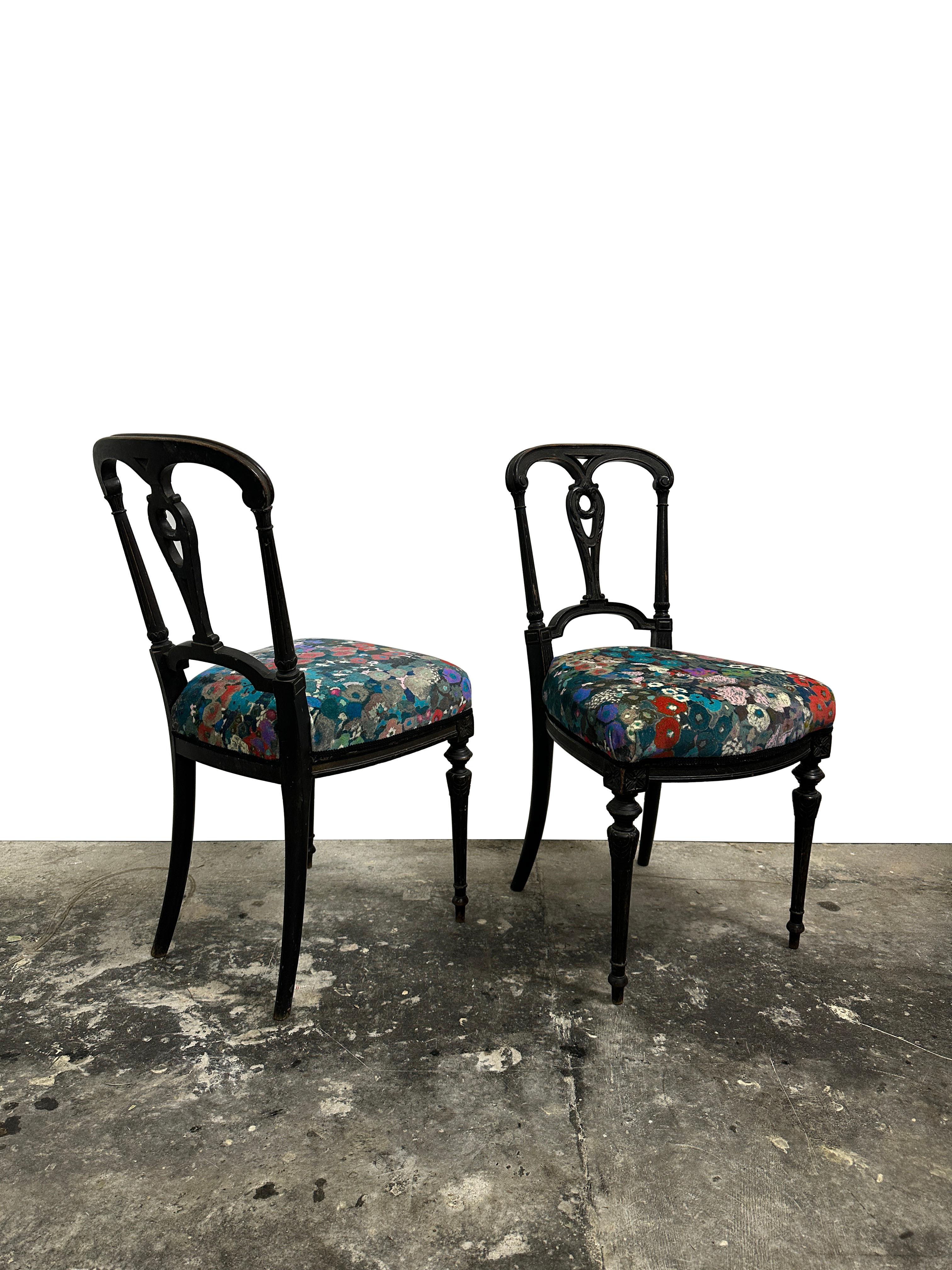 British Pair Antique Aesthetic Movement Ebonized Hall Bedroom Chairs in House of Hackney For Sale