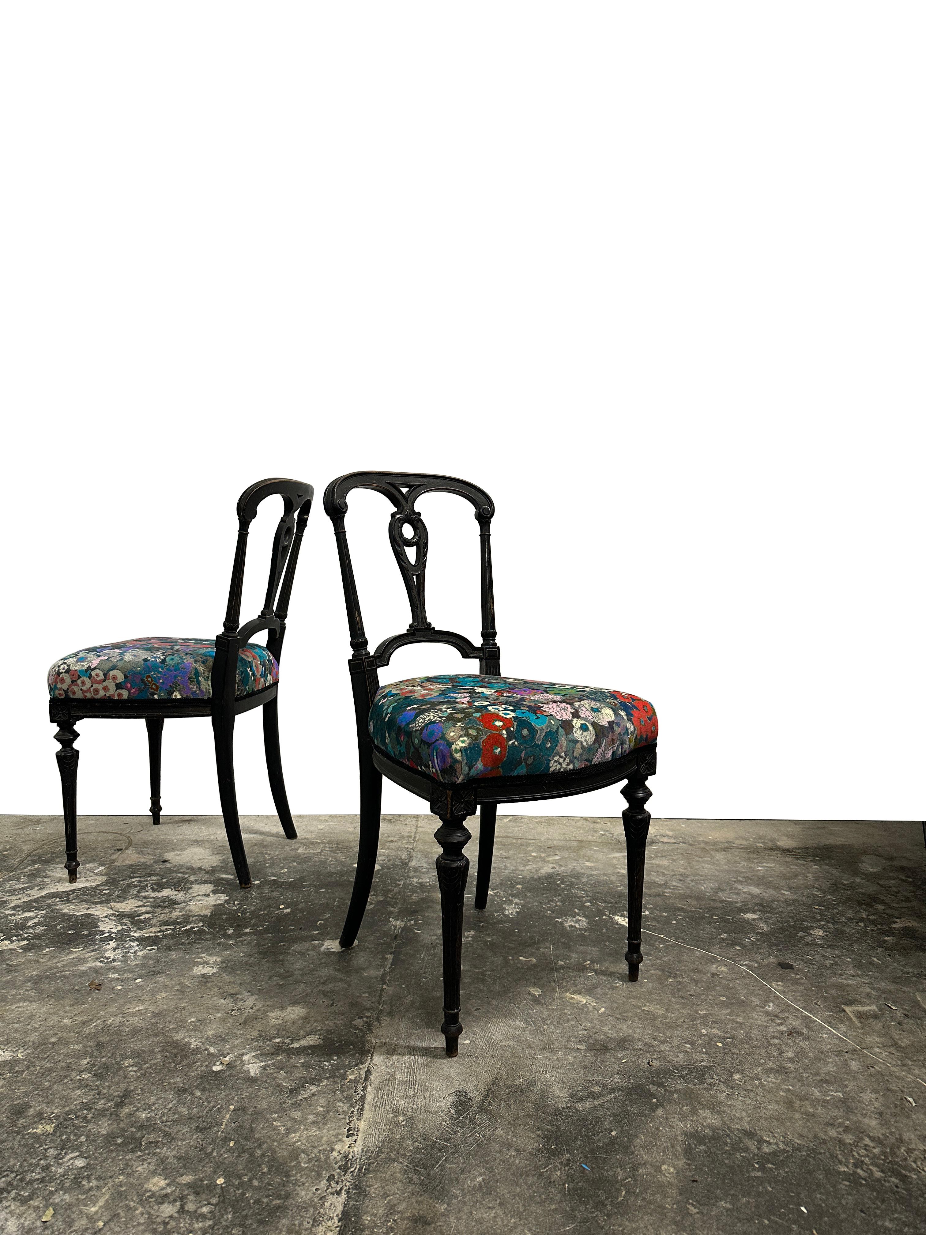 Pair Antique Aesthetic Movement Ebonized Hall Bedroom Chairs in House of Hackney In Good Condition For Sale In Sale, GB