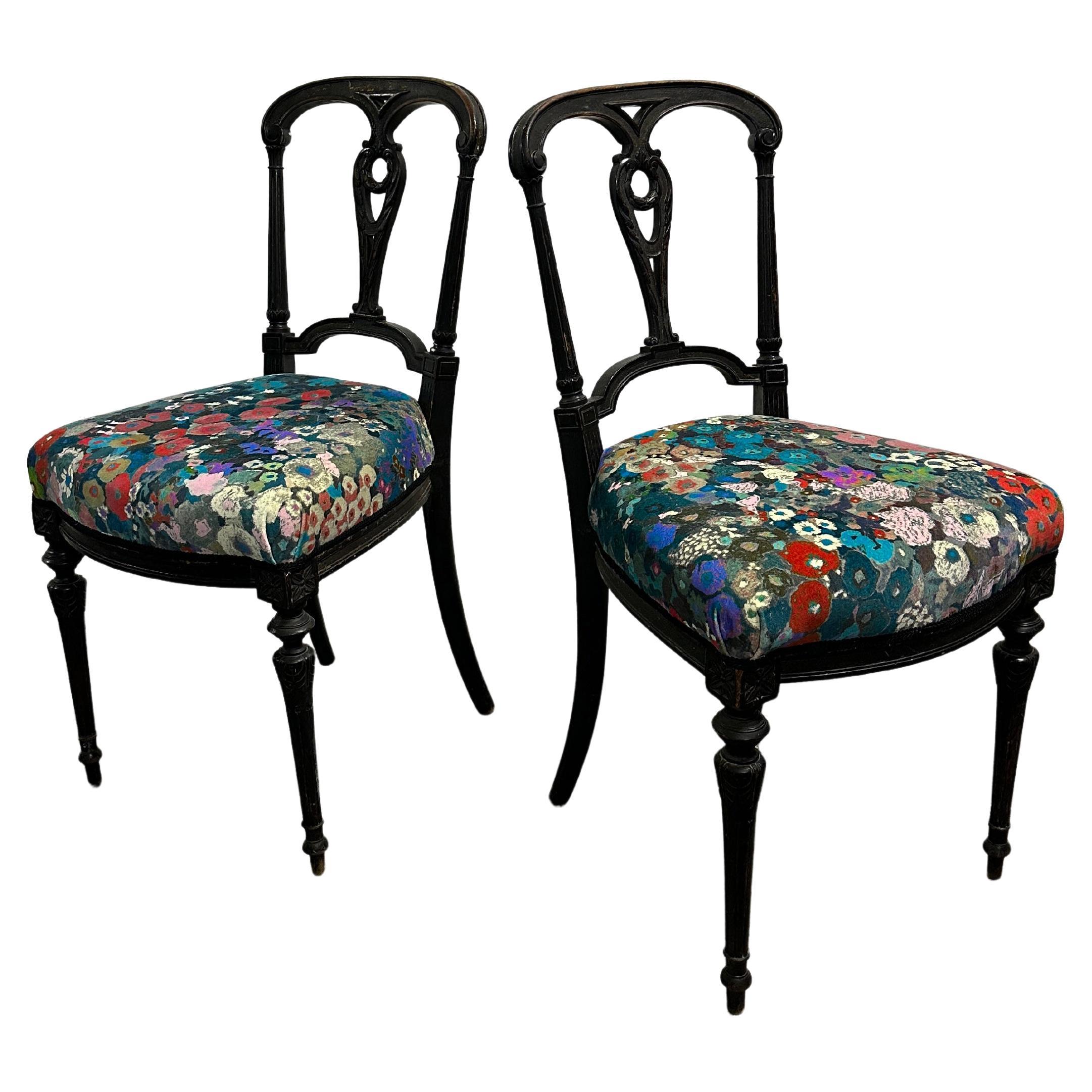 Pair Antique Aesthetic Movement Ebonized Hall Bedroom Chairs in House of Hackney