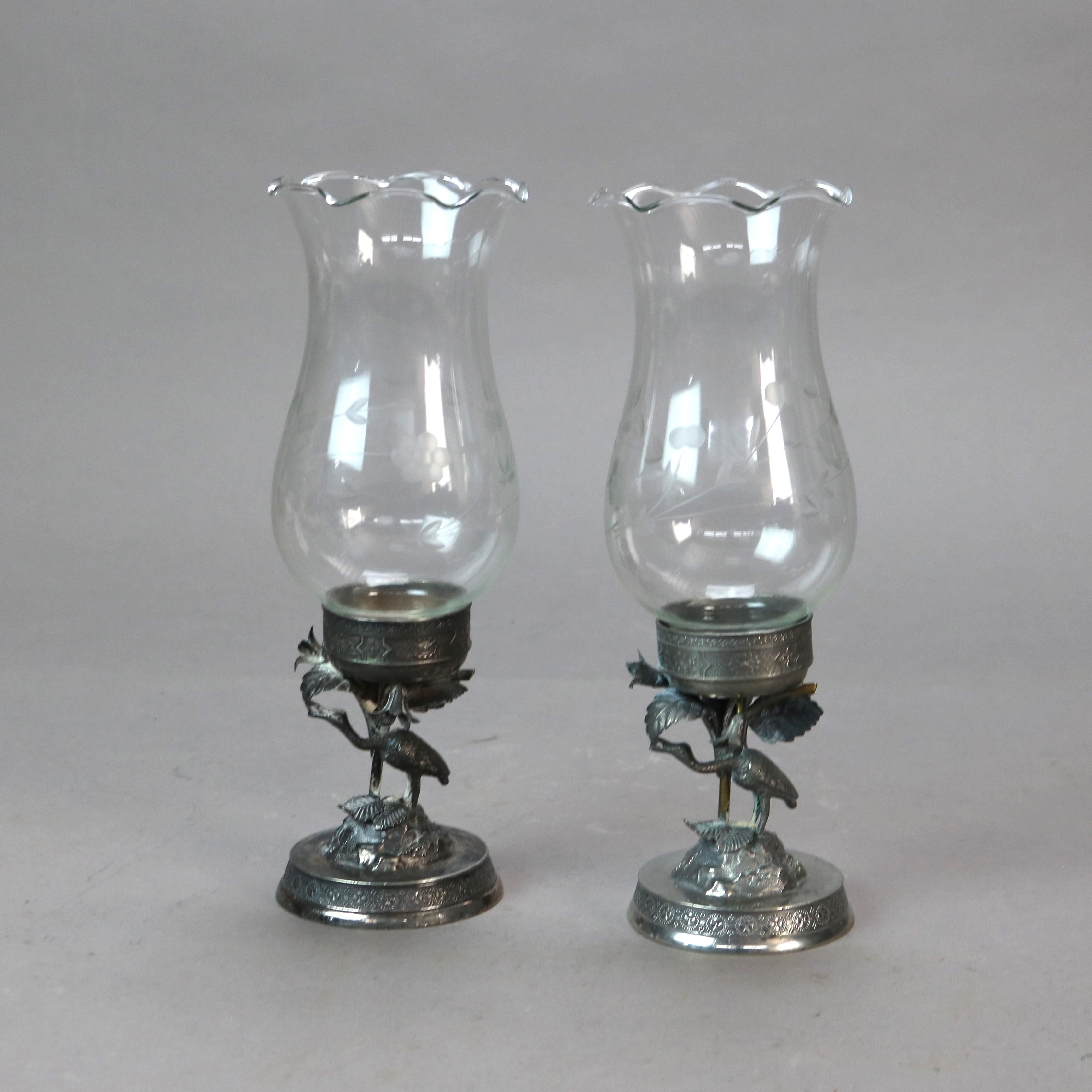 Pair Antique Aesthetic Movement Silver Plated Figural Heron Candleholders with Etched Glass Shades C1890

Measures - 9 7/8