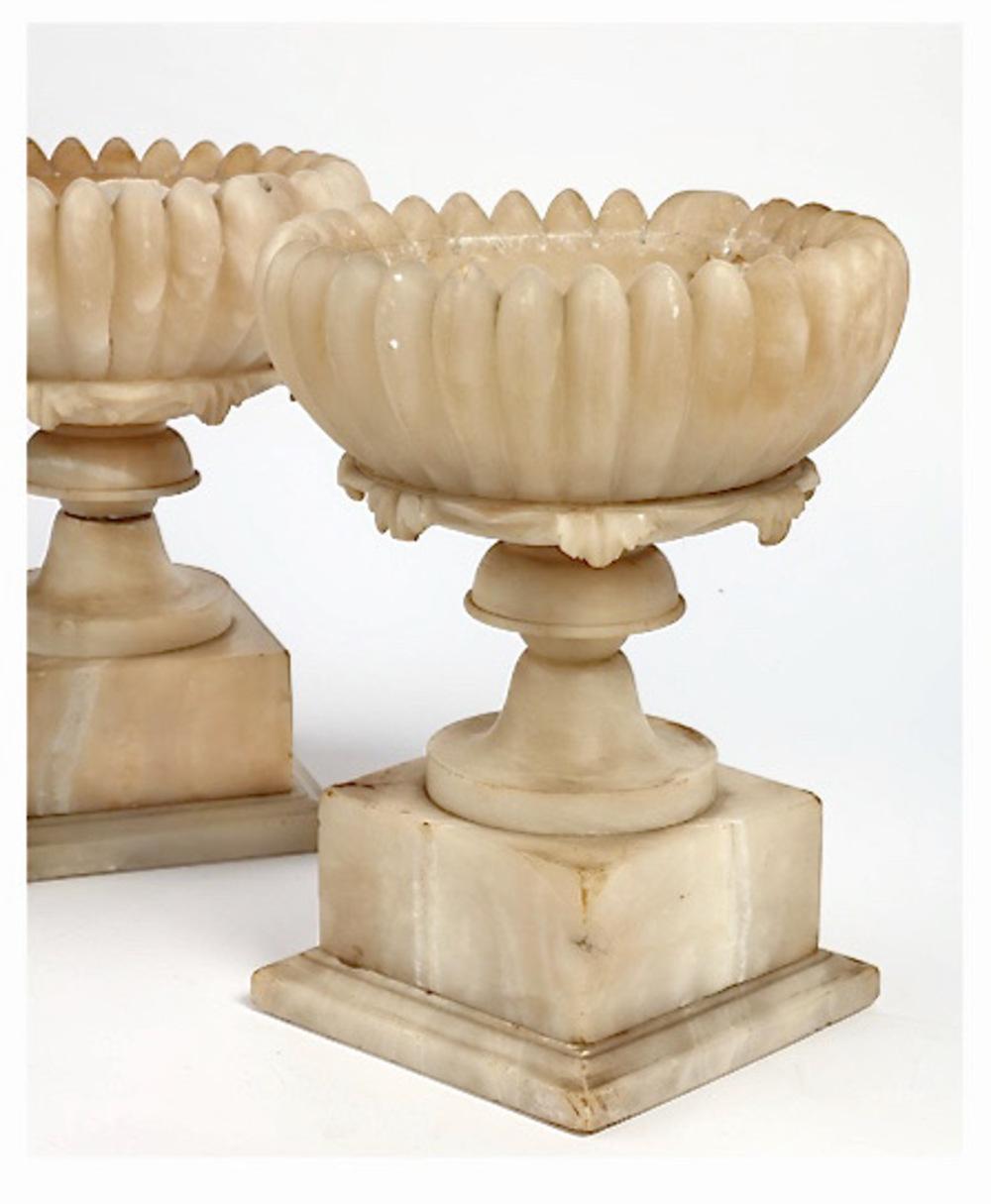 Si tratta di una splendida coppia di antiche Tazze in alabastro italiano del XIX secolo, scolpite in una forma ispirata alle ninfee. La Tazza è sostenuta da un basamento a gradini e da una socle. Queste tazze presentano una profonda e ricca patina