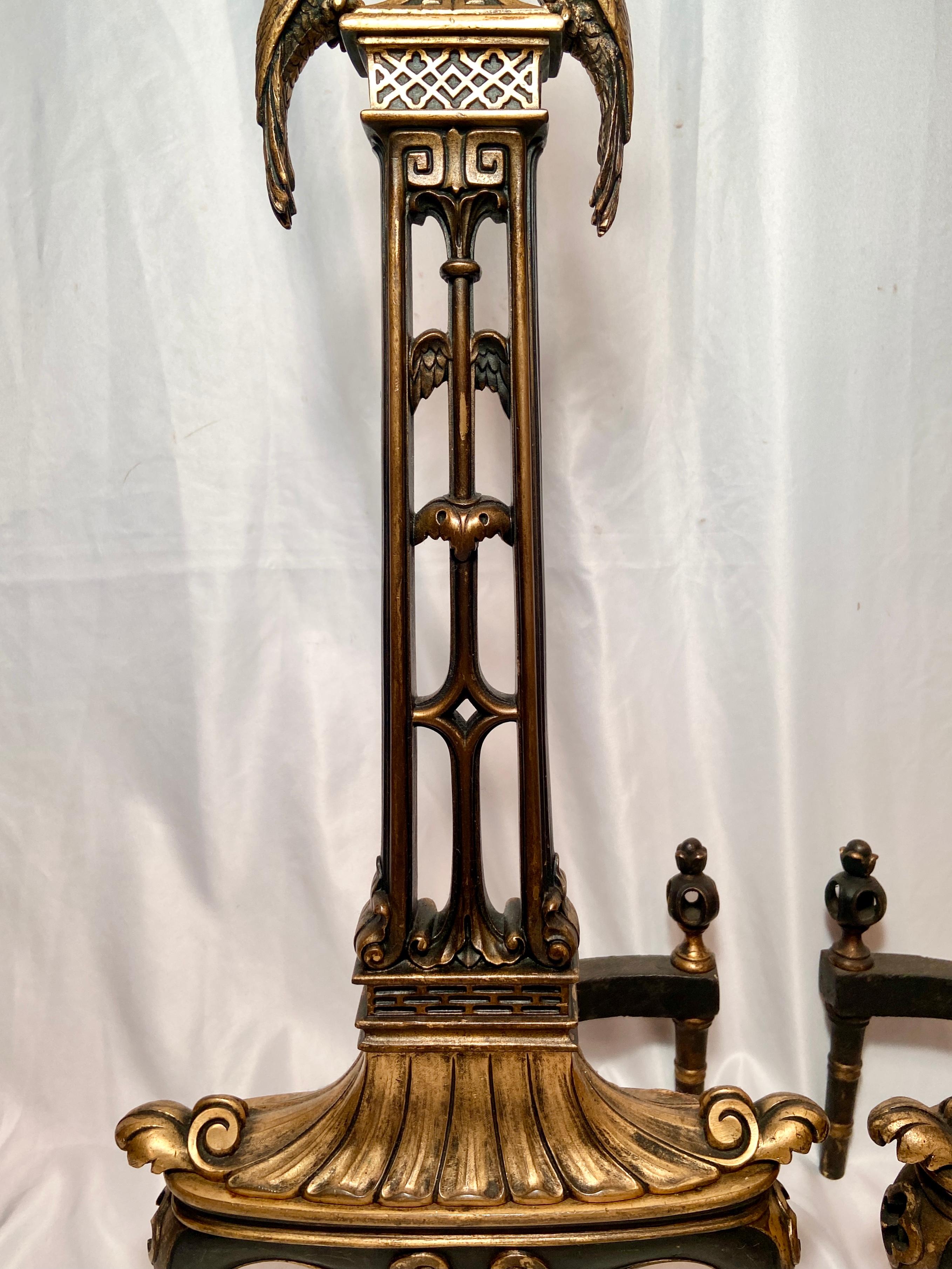 20th Century Pair Antique American Art Nouveau Bronze Andirons by Caldwell & Co N.Y., Ca 1910 For Sale