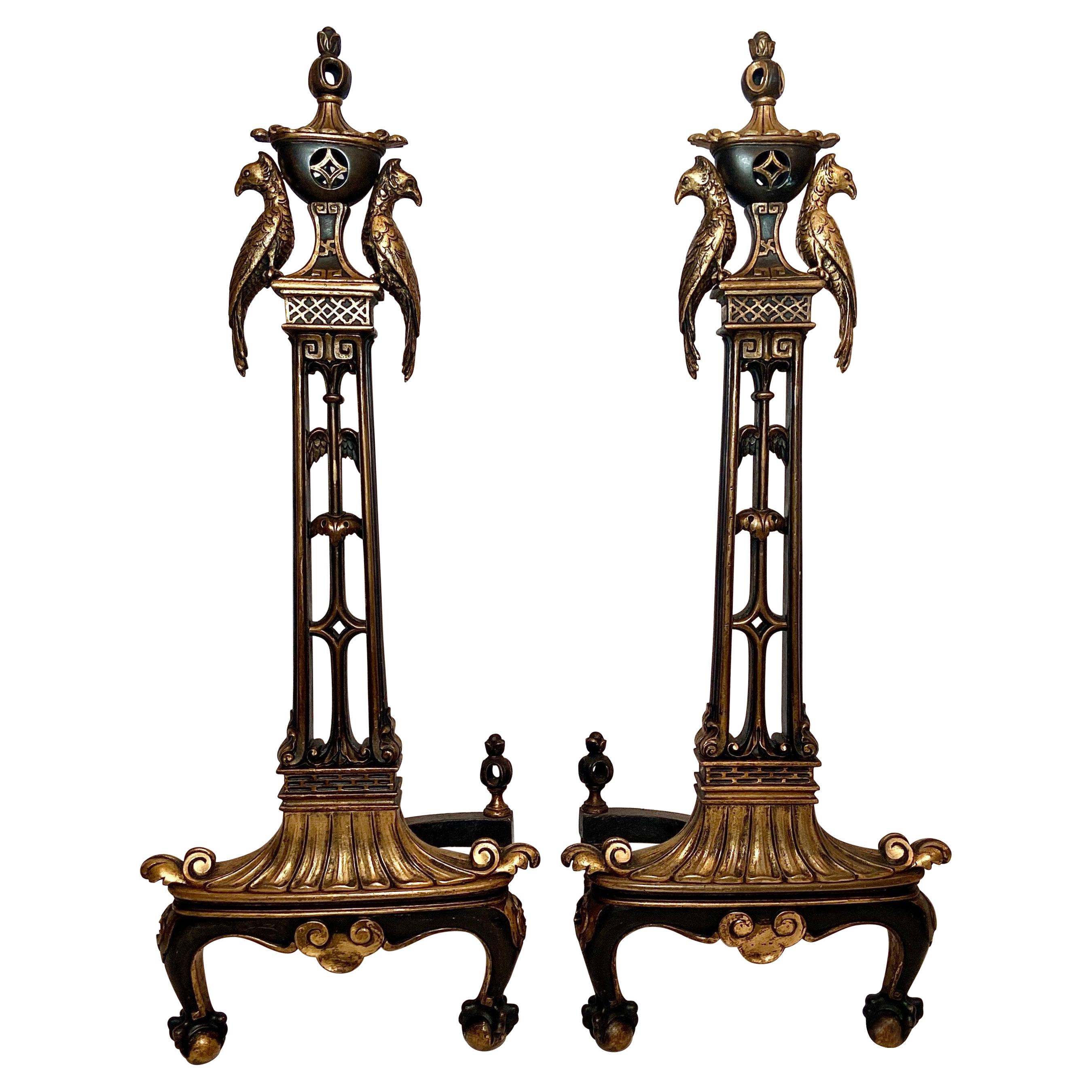 Pair Antique American Art Nouveau Bronze Andirons by Caldwell & Co N.Y., Ca 1910 For Sale