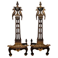 Pair Antique American Art Nouveau Bronze Andirons by Caldwell & Co N.Y., Ca 1910