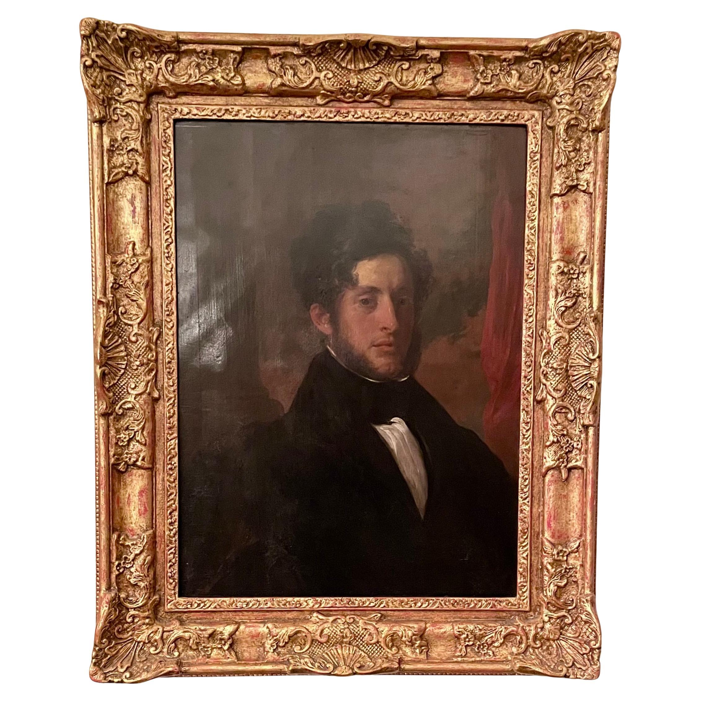 Pair Antique American Framed Oil on Canvas Portrait Paintings, Circa 1840. For Sale 1